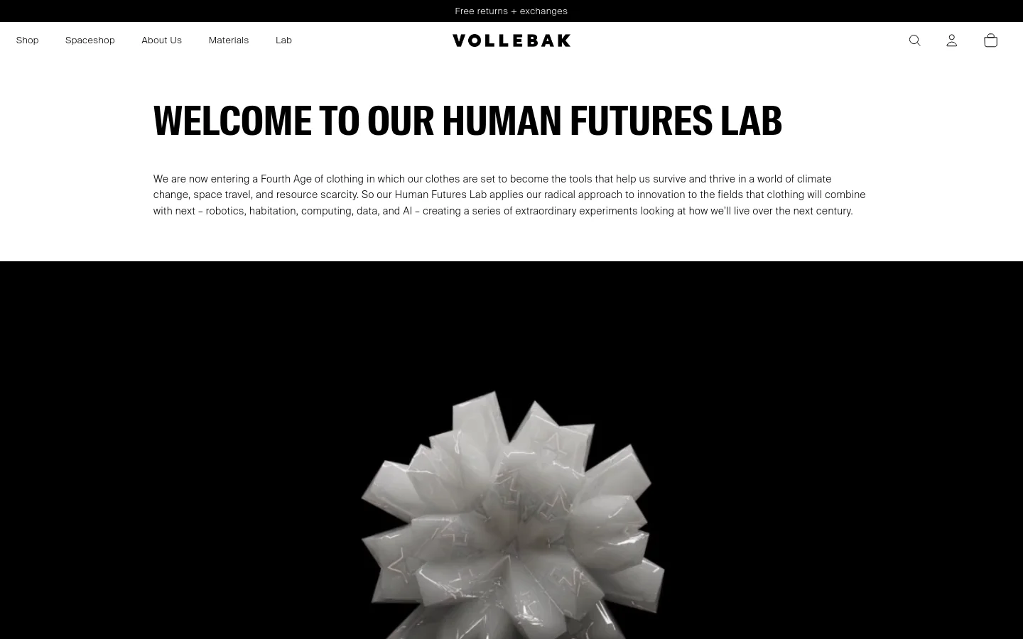The desktop page features a minimalist white header with the Vollebak logo and navigation links for Shop, Spaceshop, About Us, Materials, and Lab. A large, bold headline reads 'WELCOME TO OUR HUMAN FUTURES LAB' above a paragraph of text, followed by a large, high-contrast image of a white, geometric, star-shaped object against a black background.