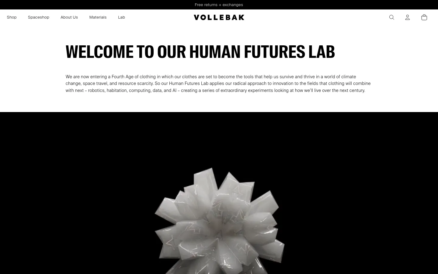 The desktop page features a minimalist white header with the Vollebak logo and navigation links for Shop, Spaceshop, About Us, Materials, and Lab. A large, bold headline reads 'WELCOME TO OUR HUMAN FUTURES LAB' above a paragraph of text, followed by a large, high-contrast image of a white, geometric, star-shaped object against a black background.