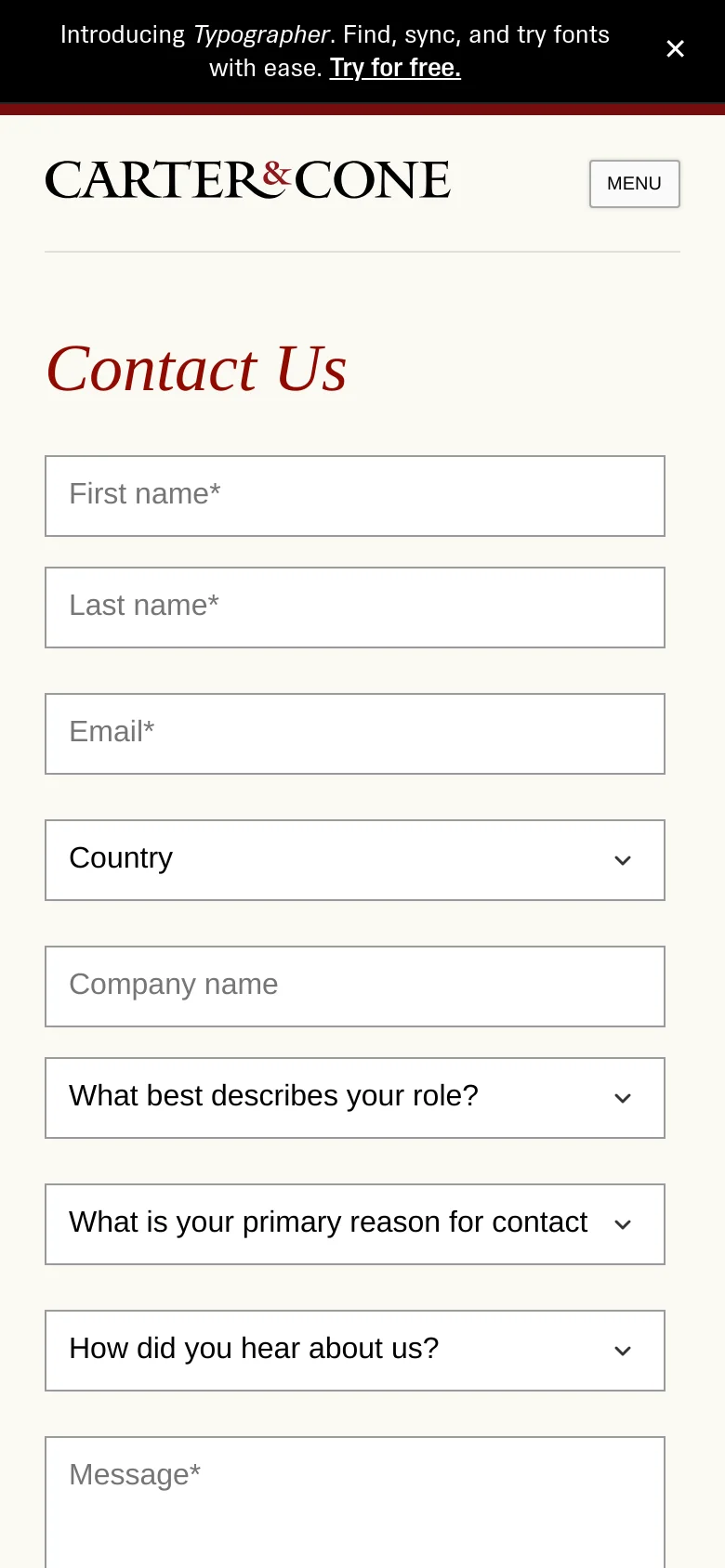 The mobile version displays a single-column layout with the logo and a 'MENU' button at the top. The 'Contact Us' headline is centered above a full-width contact form containing text input fields and dropdown selectors. The side navigation from the desktop version is hidden behind the menu button to prioritize the form.