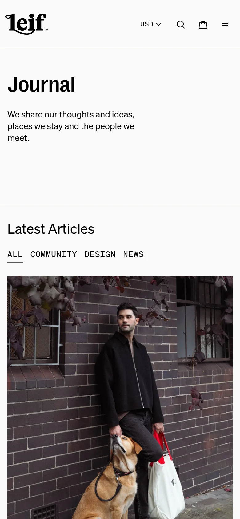 The mobile version presents a vertically stacked layout with the 'Journal' title and introductory text at the top, followed by the hero image. The 'Latest Articles' section features a simplified navigation menu and large, full-width article images that scroll vertically.
