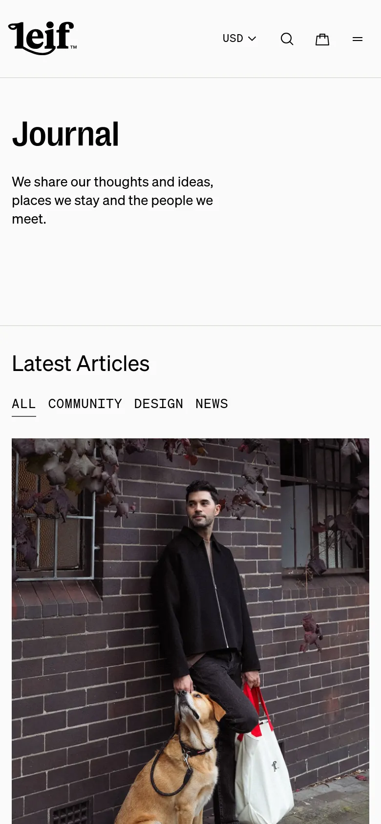 The mobile version presents a vertically stacked layout with the 'Journal' title and introductory text at the top, followed by the hero image. The 'Latest Articles' section features a simplified navigation menu and large, full-width article images that scroll vertically.