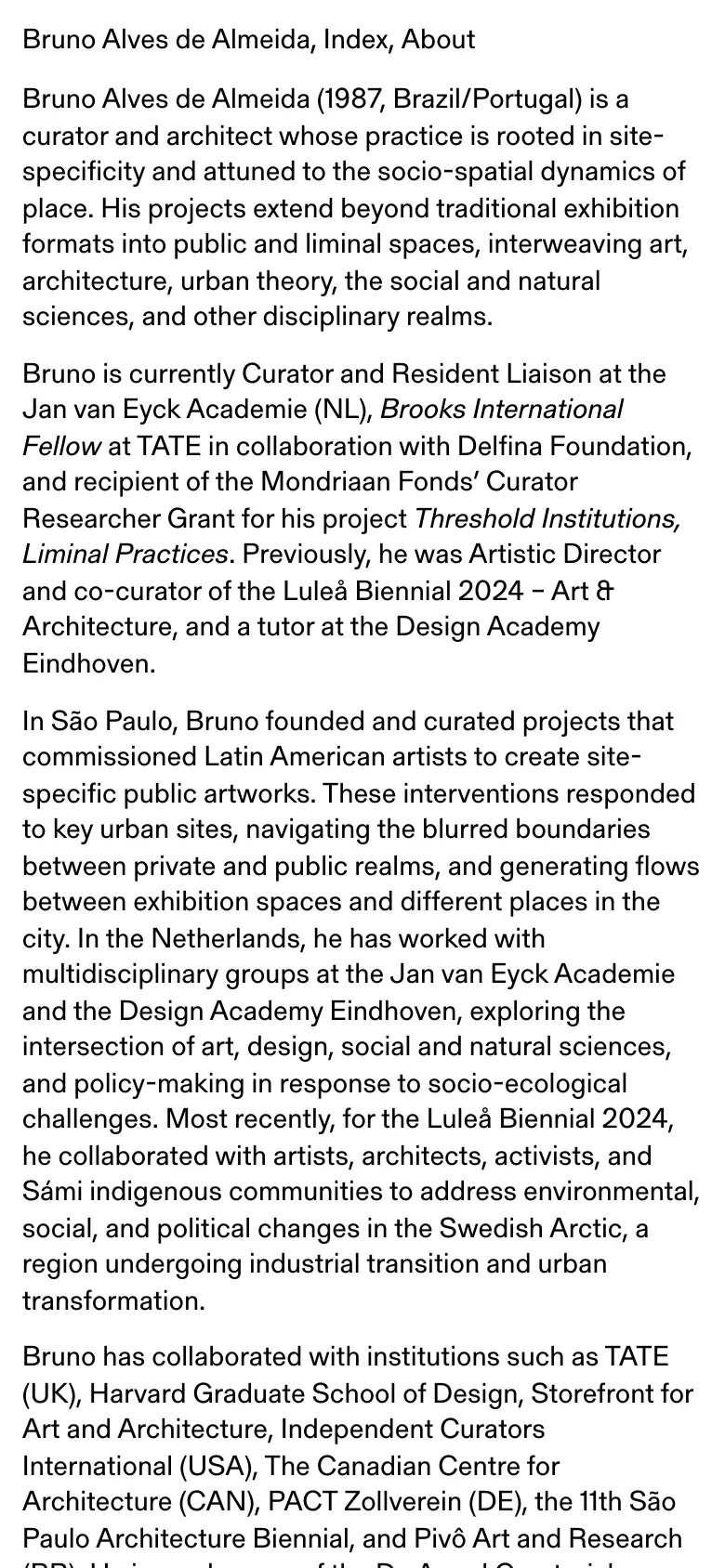 The mobile version rearranges the content into a single vertical column, starting with the portrait image at the top followed by the biographical text. The links and project lists are stacked vertically beneath the main body of text for easier scrolling on a narrow screen.