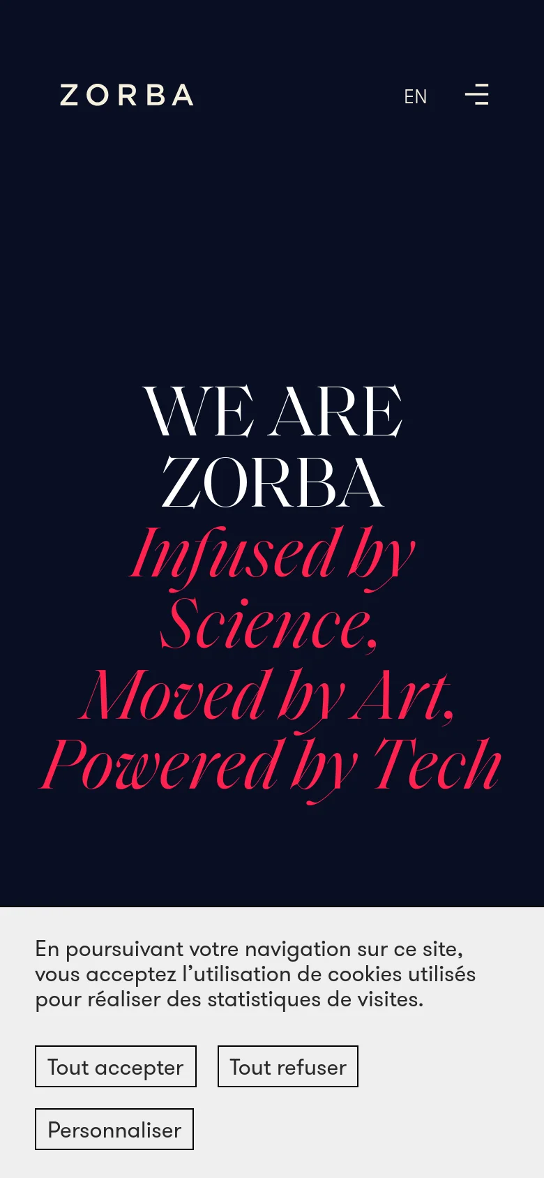 The mobile version maintains the dark navy theme and centered text layout, but the typography is stacked vertically to fit the narrower screen. The large white and red serif headlines dominate the center of the frame, while the cookie consent banner is repositioned to span the full width at the bottom of the screen.