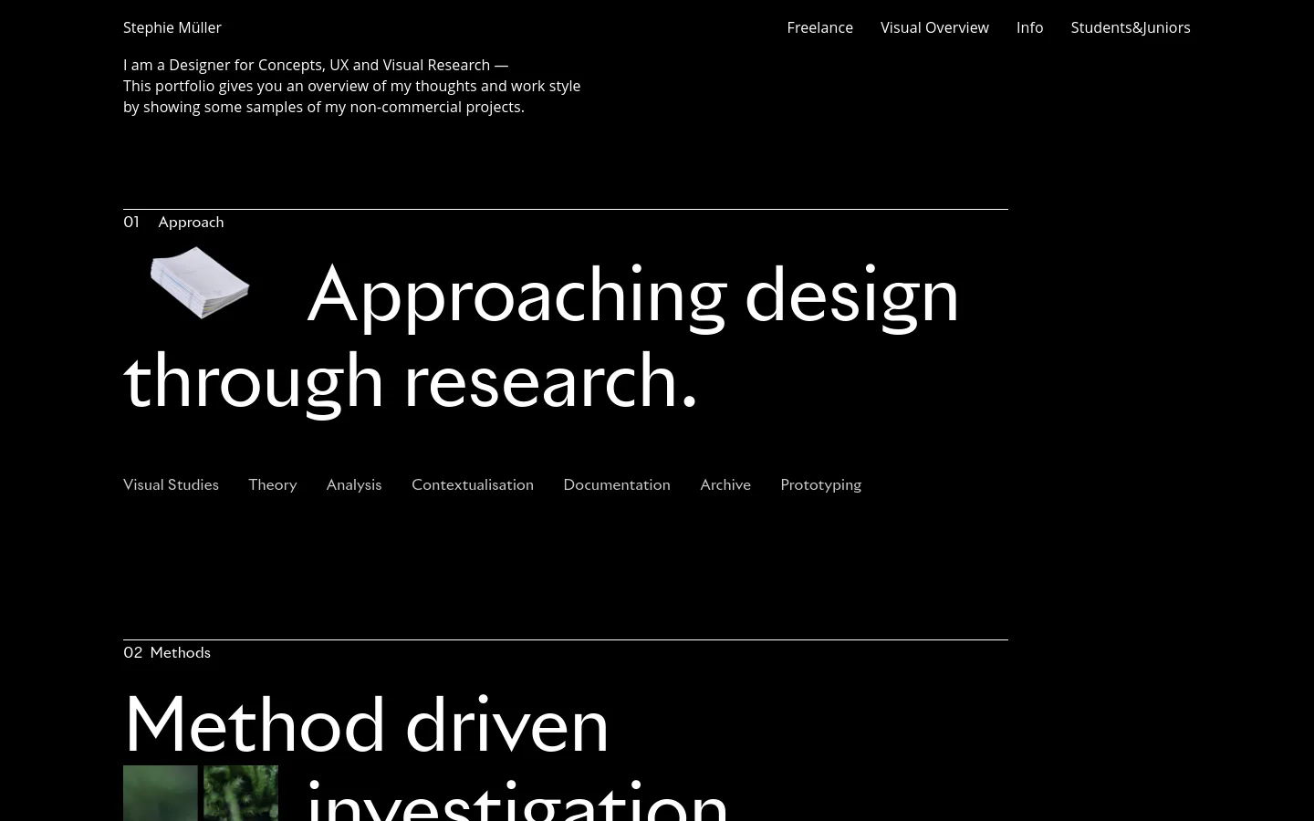 The desktop homepage features a minimalist black background with white text. A navigation menu is at the top right, followed by a brief professional introduction, a large headline reading 'Approaching design through research,' and a 3D illustration of a stack of papers. Below this, a horizontal list of project categories serves as primary navigation links.
