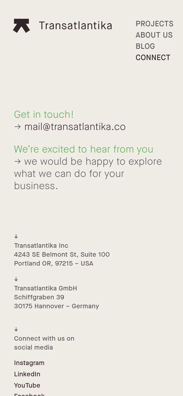 The mobile version uses a single-column vertical layout on a light gray background. The navigation menu is expanded to show links like Projects and About Us on the right, while the contact information, addresses, and social media links are stacked vertically for easy scrolling.