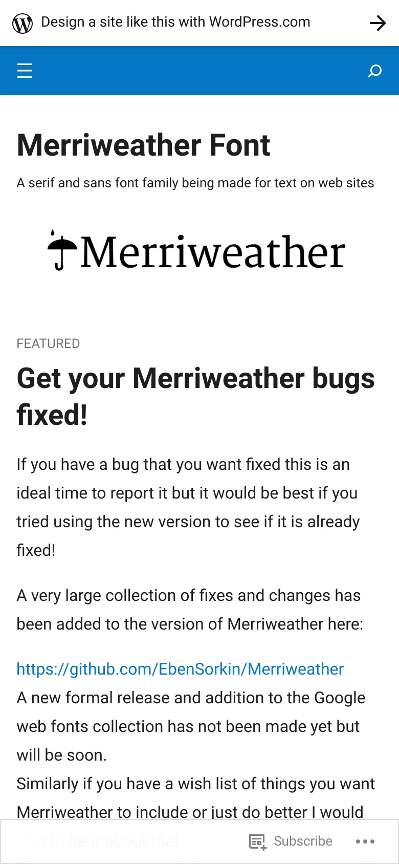 The mobile version presents a simplified, single-column layout with a blue header containing a hamburger menu and search icon. The Merriweather logo is centered at the top, followed by the main blog post content and a 'Featured' heading, removing the sidebar seen on the desktop version.