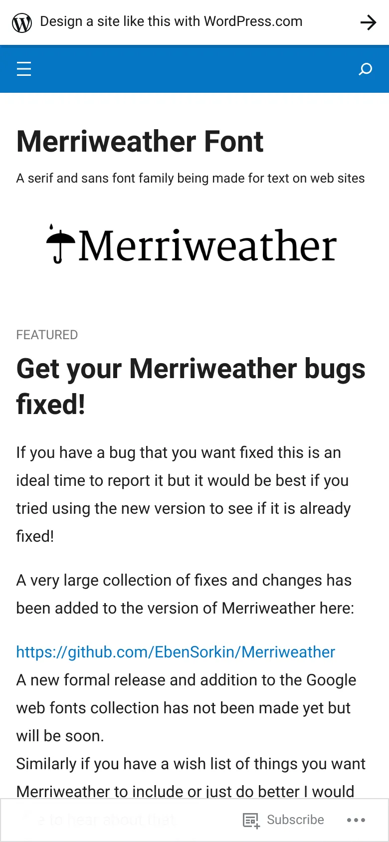 The mobile version presents a simplified, single-column layout with a blue header containing a hamburger menu and search icon. The Merriweather logo is centered at the top, followed by the main blog post content and a 'Featured' heading, removing the sidebar seen on the desktop version.