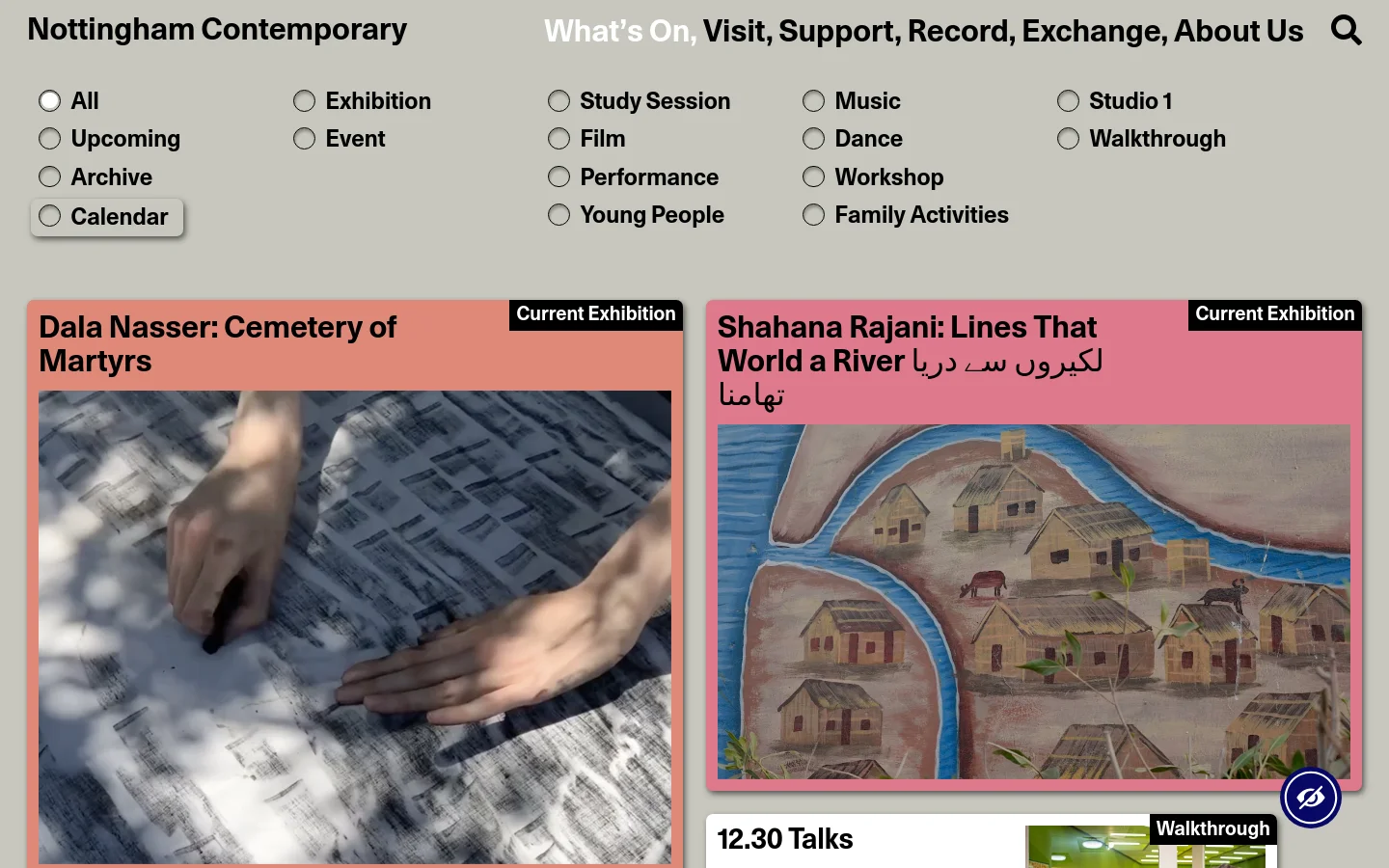 The desktop page features a clean, white background with a grid-based layout of event listings. At the top, a multi-column navigation menu uses radio buttons to filter content by status and category. Below the filters, large rectangular cards display exhibition titles, dates, and high-quality imagery, such as hands working with charcoal or a painted mural.