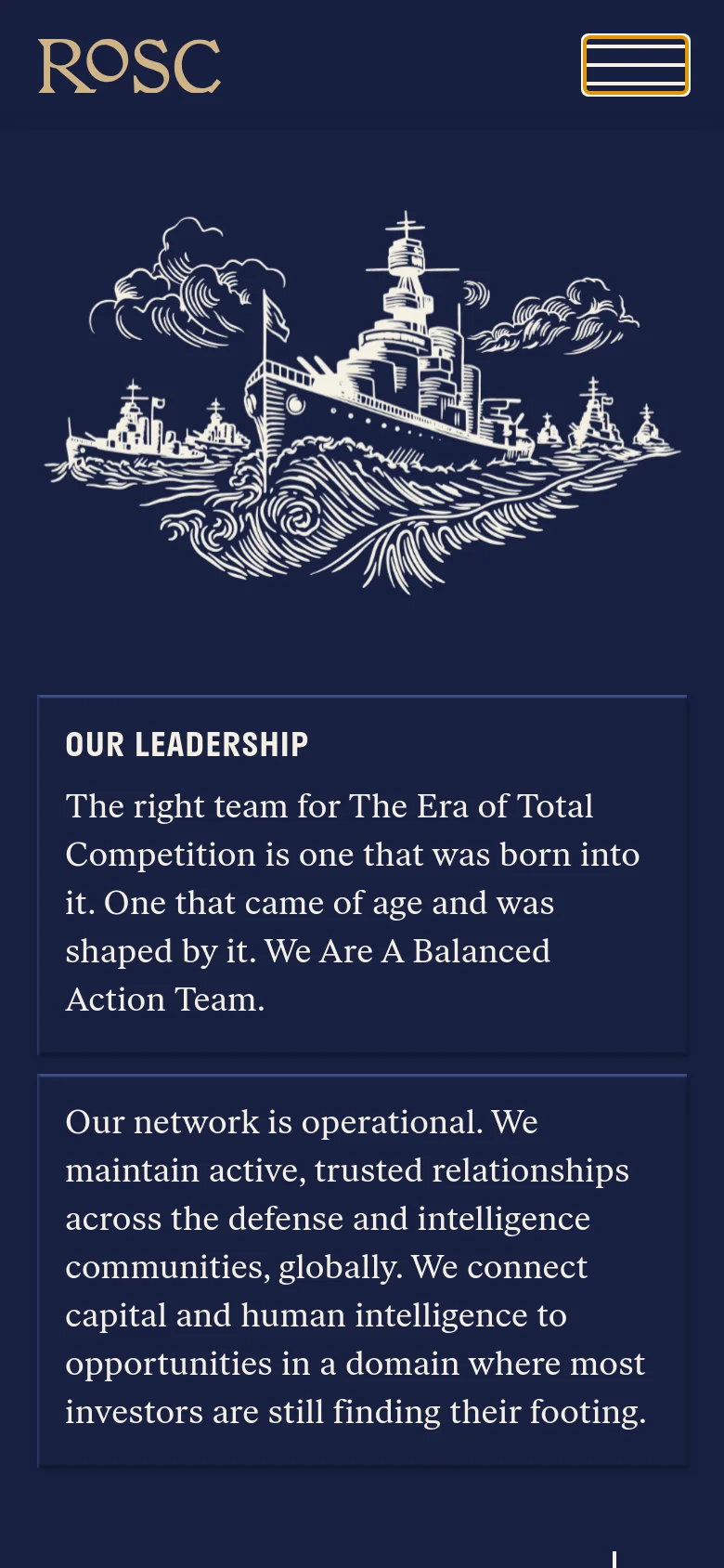 The mobile version presents a stacked layout on a dark navy background. The large white naval ship illustration is centered at the top, followed by the 'Our Leadership' text content contained within two distinct outlined boxes. A hamburger menu icon is visible in the top right corner next to the Rosc logo.