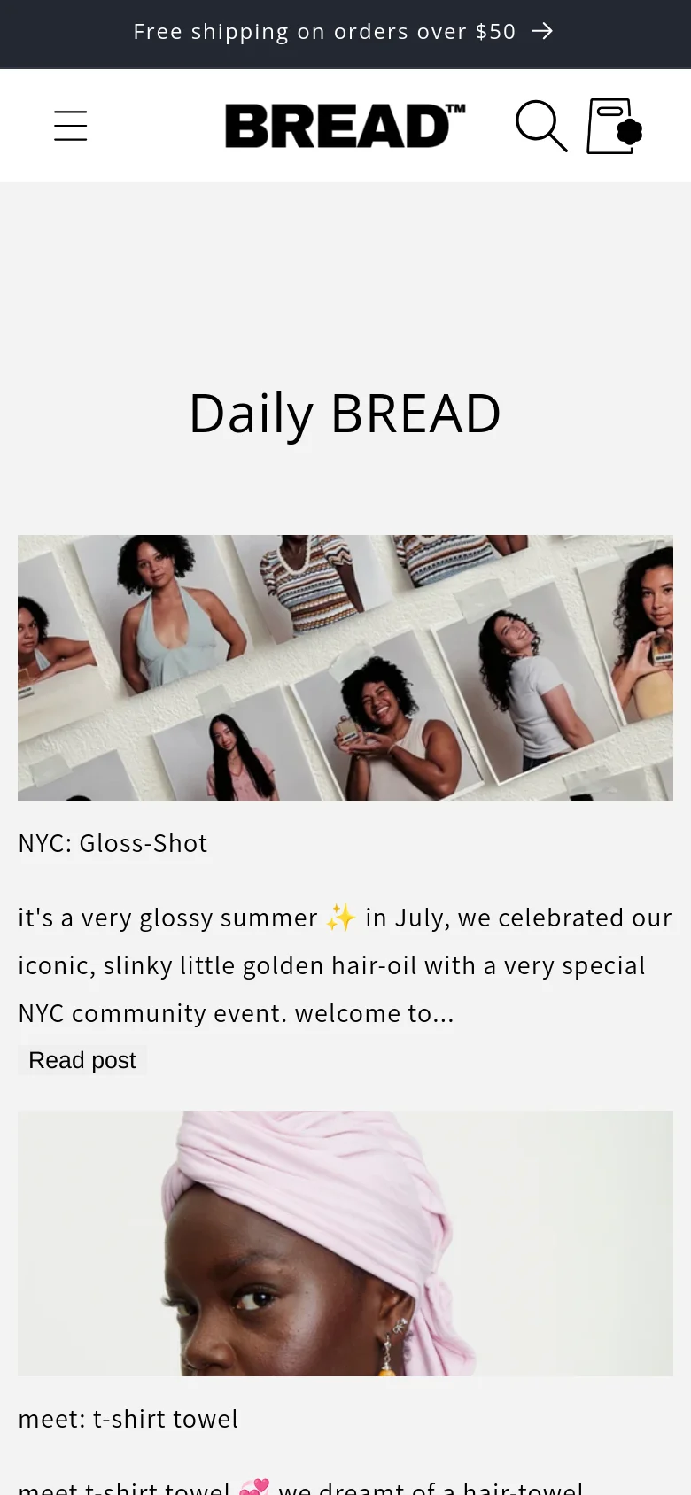The mobile version presents a single-column vertical layout optimized for scrolling, with the 'Daily BREAD' title centered at the top. The blog posts follow, showing full-width images above their respective headlines, text snippets, and 'Read post' links. A hamburger menu icon replaces the desktop navigation bar, and the header remains minimalist with the brand logo and search icon.