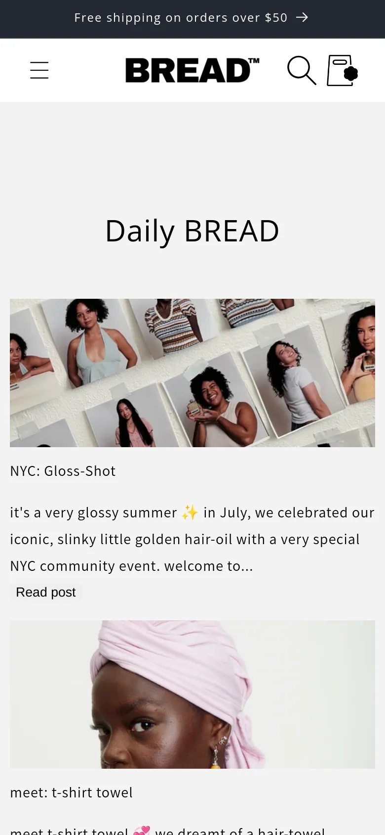 The mobile version presents a single-column vertical layout optimized for scrolling, with the 'Daily BREAD' title centered at the top. The blog posts follow, showing full-width images above their respective headlines, text snippets, and 'Read post' links. A hamburger menu icon replaces the desktop navigation bar, and the header remains minimalist with the brand logo and search icon.
