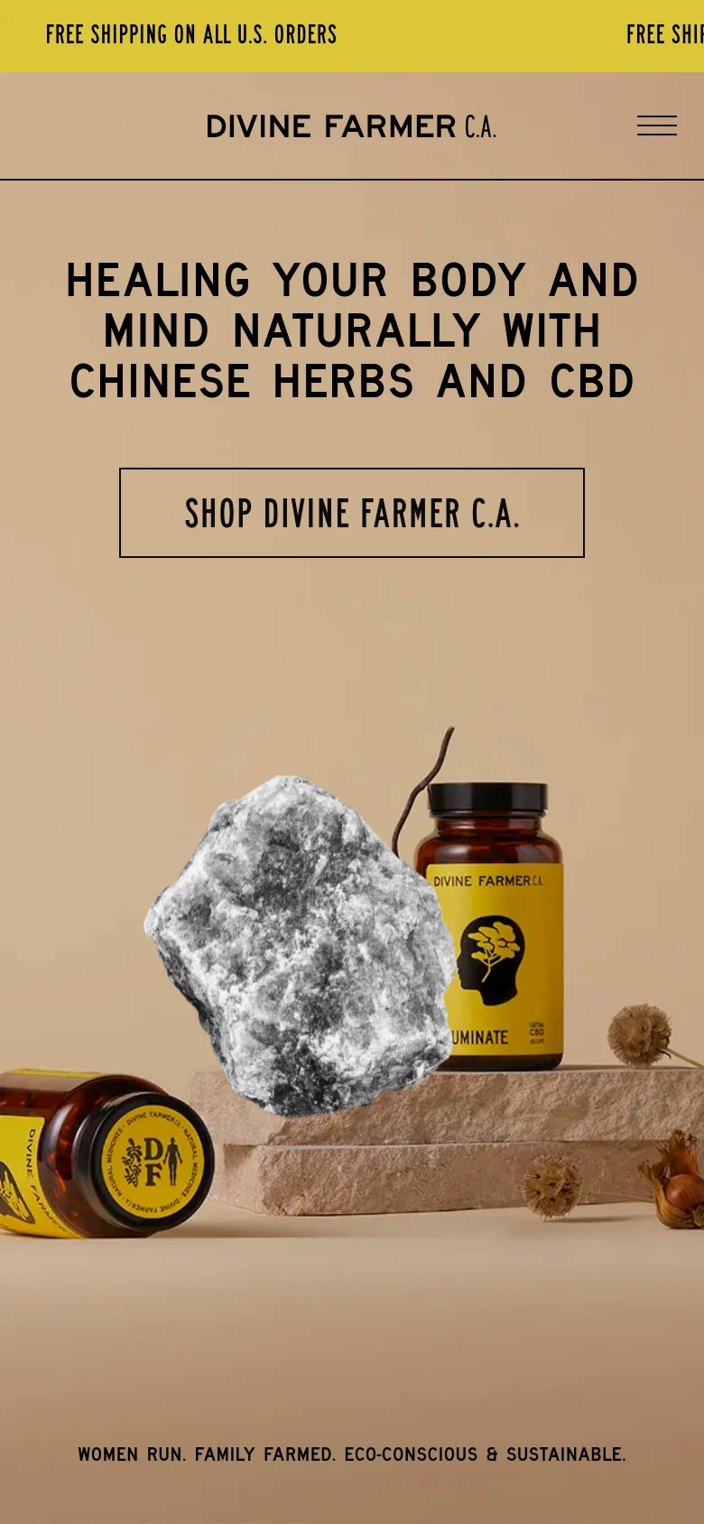 The mobile version uses a vertical layout with the same tan color scheme and hero imagery. The headline is centered at the top, followed by a large 'SHOP DIVINE FARMER C.A.' button, with the product photography of CBD bottles and stones positioned below the main call-to-action.