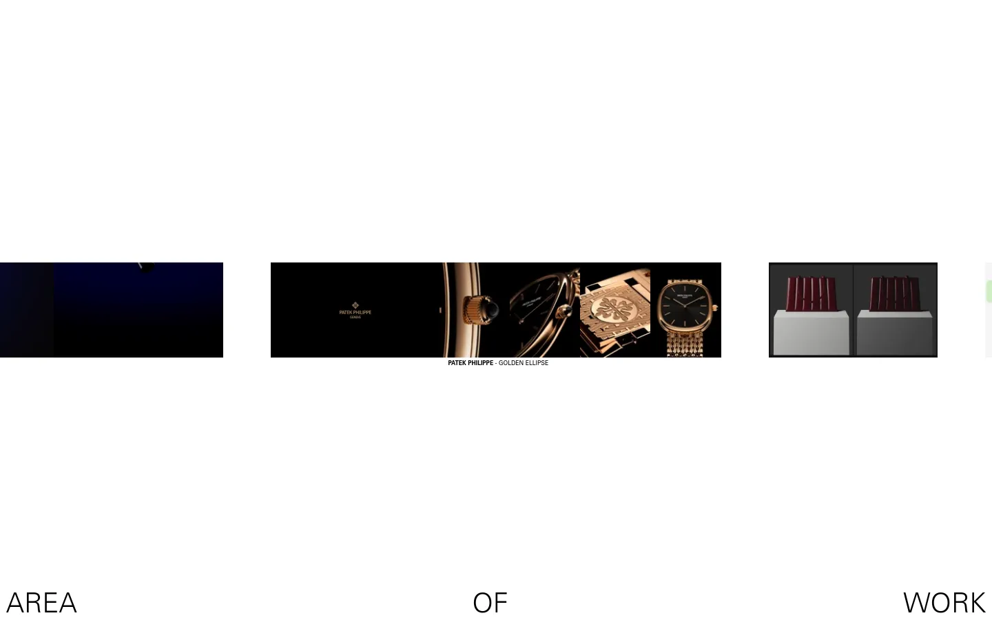 The desktop homepage for Area of Work features a minimalist white background with large, spaced-out black typography. A horizontal gallery showcases high-end creative projects like Patek Philippe and Phoebe Philo through large, cinematic images and GIFs. The layout is clean and spacious, emphasizing visual content over text.