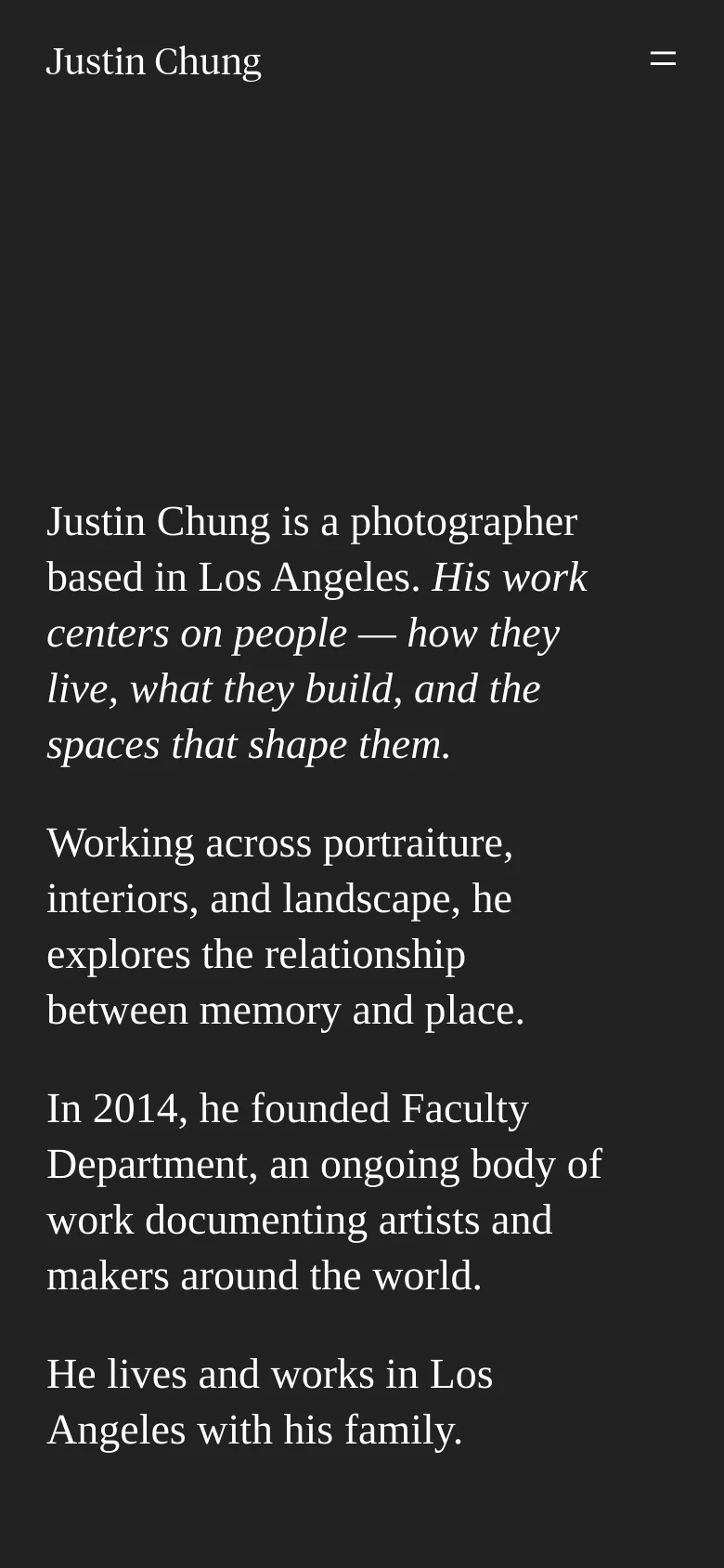 The mobile version simplifies the layout, replacing the top navigation bar with a hamburger menu icon next to the 'Justin Chung' brand name. The biographical text is centered and occupies the majority of the screen, with the portrait image removed from the immediate view to prioritize readability.