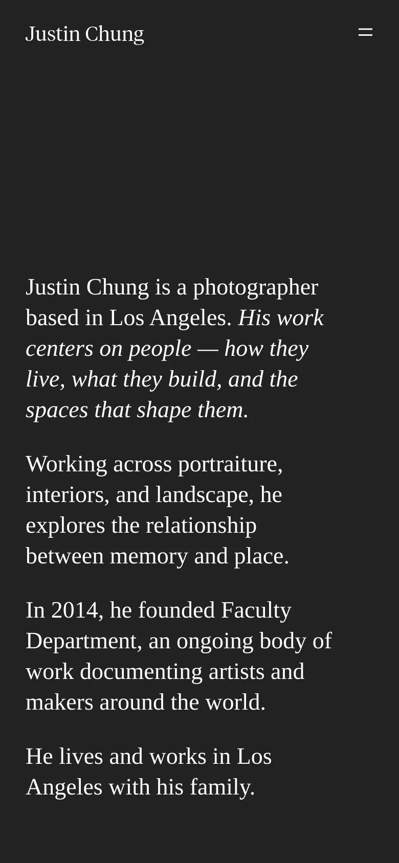 The mobile version simplifies the layout, replacing the top navigation bar with a hamburger menu icon next to the 'Justin Chung' brand name. The biographical text is centered and occupies the majority of the screen, with the portrait image removed from the immediate view to prioritize readability.