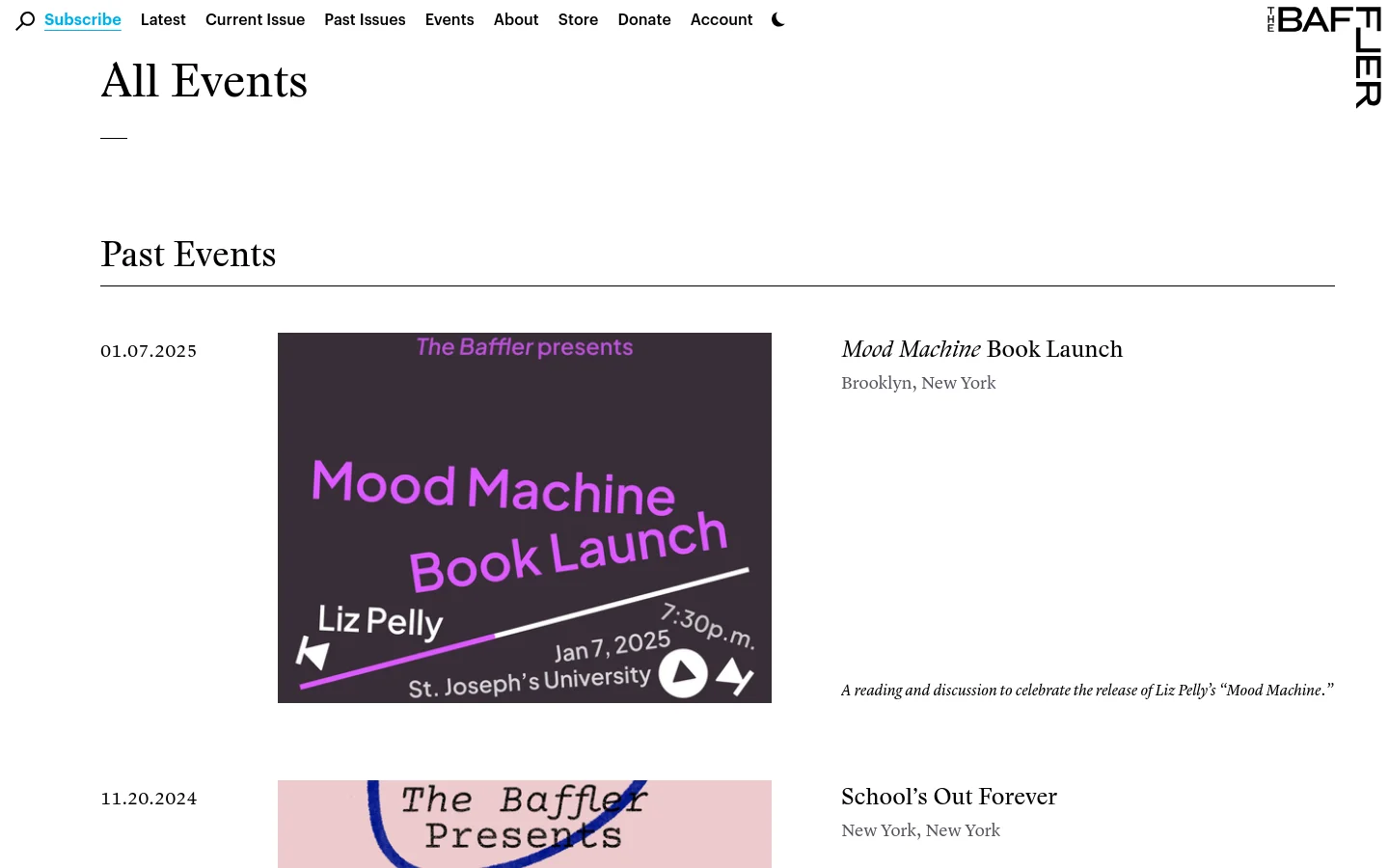 The desktop page features a minimalist white background with black serif text. Under the headline 'All Events' and 'Past Events', a vertical list displays event entries, each consisting of a date on the left, a rectangular graphic image in the center, and the event title, location, and description on the right.
