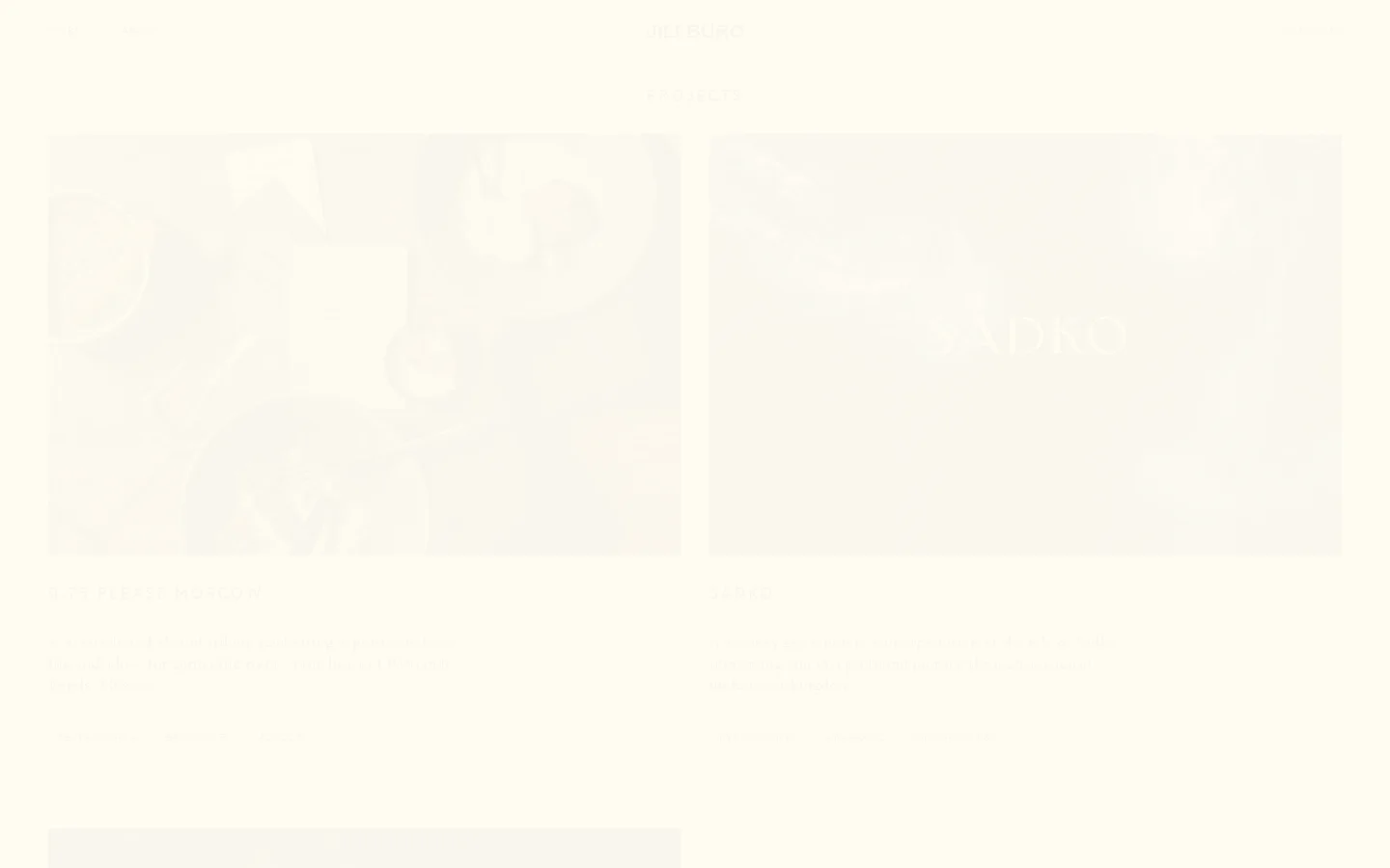 The desktop portfolio page features a minimalist design with a light cream background and large, high-quality project imagery arranged in a two-column grid. Each project entry includes a title, a short descriptive paragraph, and category tags like 'Restaurants' and 'Branding' below the image. The navigation menu is simple, with 'Work', 'About', and 'Contact' links at the top.