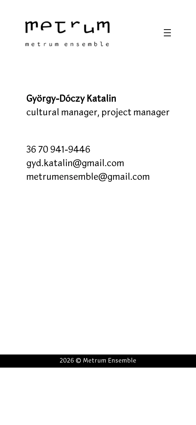The mobile version presents a simplified layout with the Metrum Ensemble logo centered at the top and a hamburger menu icon on the right. The wavy line graphic is removed, and the contact information for György-Dóczy Katalin is stacked vertically in a single column for easy reading on a small screen.