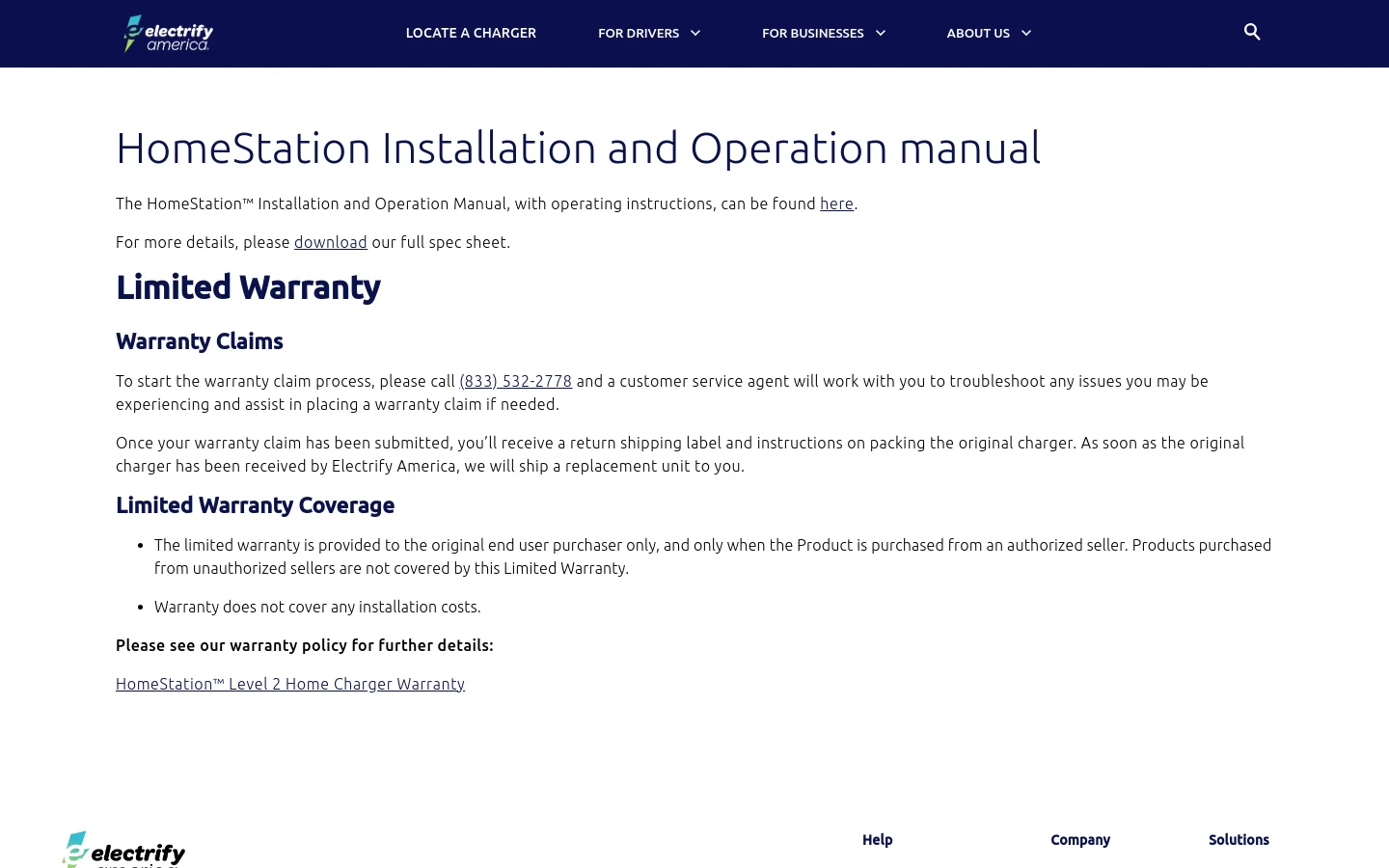 The desktop homepage features a clean, white background with a dark blue navigation bar at the top containing the Electrify America logo and menu links. The main content area displays large, dark blue headings for 'HomeStation Installation and Operation manual' and 'Limited Warranty,' followed by instructional text and links. The layout is spacious with left-aligned text and ample white space.