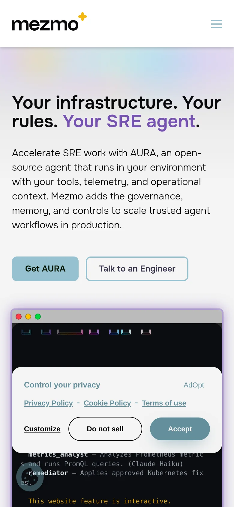 The mobile version presents a simplified vertical layout with the Mezmo logo and a hamburger menu at the top. The hero headline is centered above the descriptive text, followed by stacked 'Get AURA' and 'Talk to an Engineer' buttons. The terminal graphic is positioned below the main text content.
