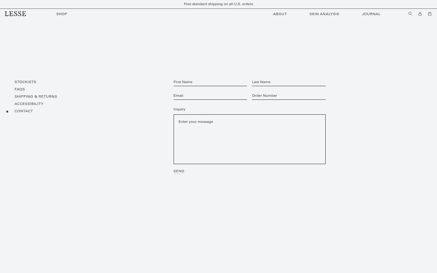 The desktop contact page features a minimalist white layout with a top navigation bar containing links for Shop, About, Skin Analysis, and Journal. A contact form is positioned on the right side with fields for First Name, Last Name, Email, Order Number, and a large Inquiry text box, while a vertical list of informational links sits on the left.