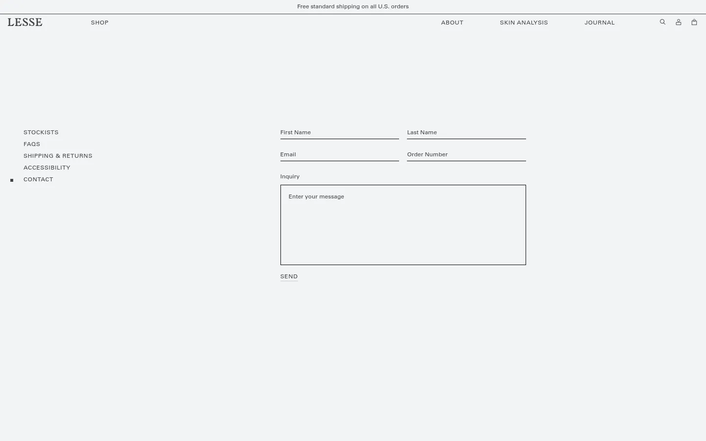 The desktop contact page features a minimalist white layout with a top navigation bar containing links for Shop, About, Skin Analysis, and Journal. A contact form is positioned on the right side with fields for First Name, Last Name, Email, Order Number, and a large Inquiry text box, while a vertical list of informational links sits on the left.