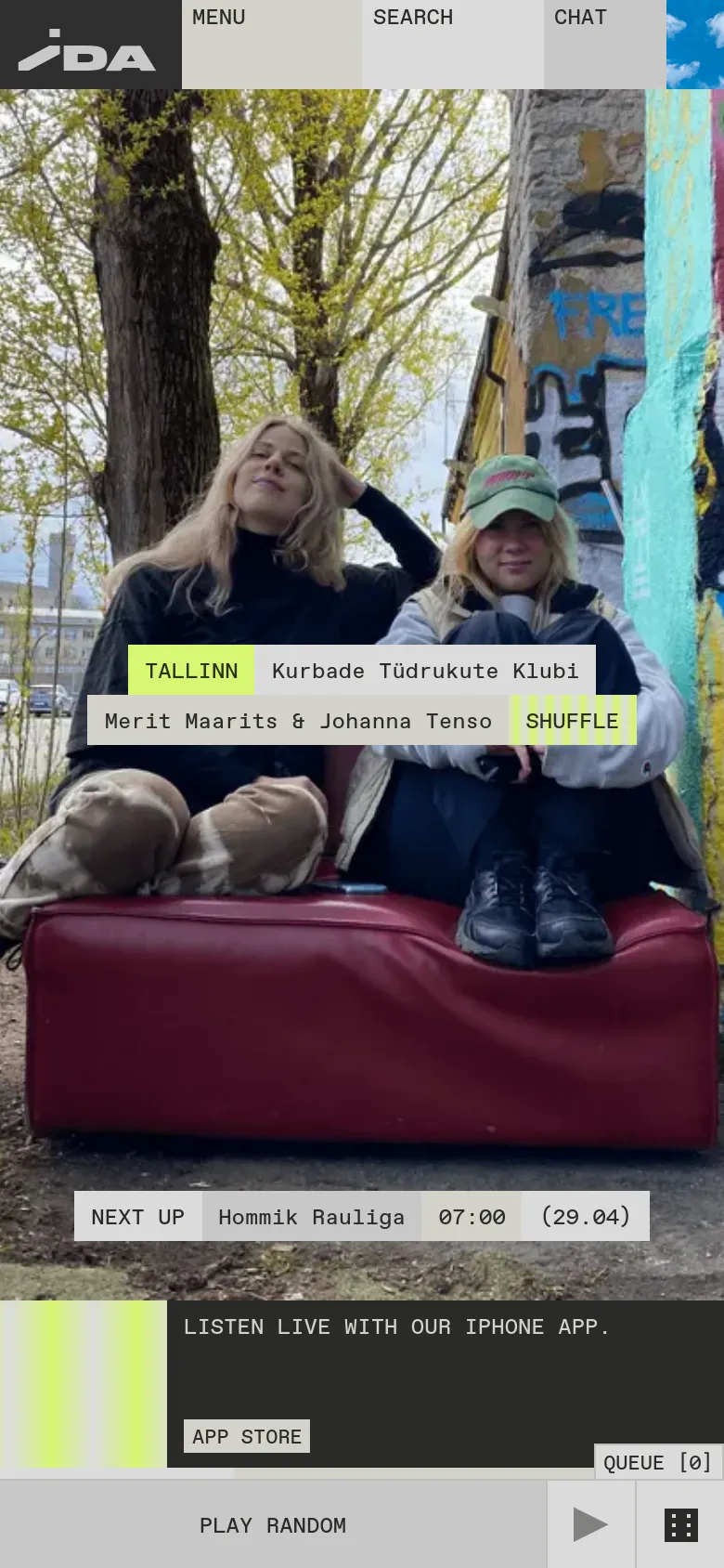 The mobile version presents a vertically stacked layout optimized for smaller screens, focusing on the large hero image and current show information. The navigation is condensed, and the 'Latest Episodes' list and 'Listen Live' app promotion are positioned below the main visual content. The interface maintains the same dark theme and lime green highlights seen on the desktop version.