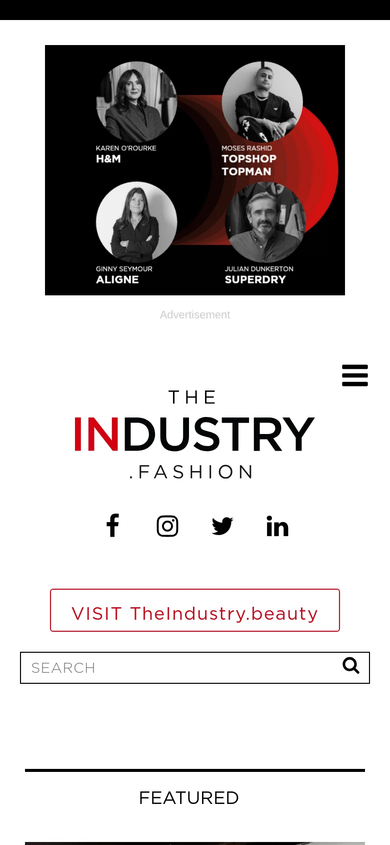 The mobile version presents a vertically stacked layout with a hamburger menu icon at the top right. The large summit advertisement is followed by the site logo, social media icons, and a prominent search bar, with the 'Featured' section appearing below the primary call-to-action buttons.