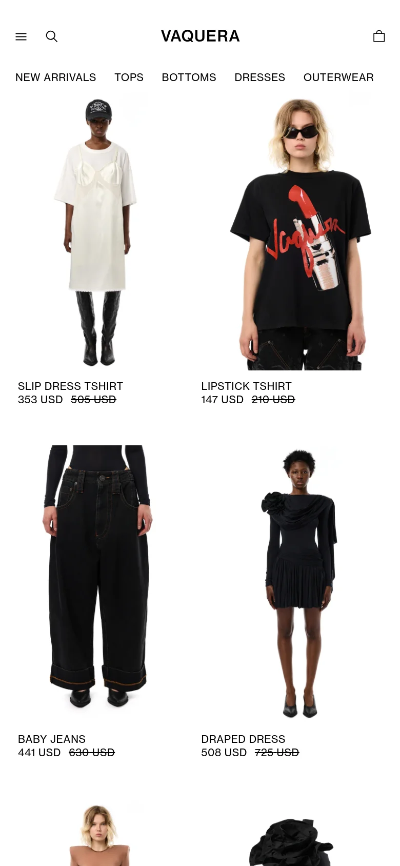 The mobile version presents a simplified layout with a hamburger menu, search icon, and shopping bag icon at the top. The product grid shifts to a single-column view, displaying large vertical images of clothing items like the slip dress and lipstick t-shirt, followed by the product name and discounted price.