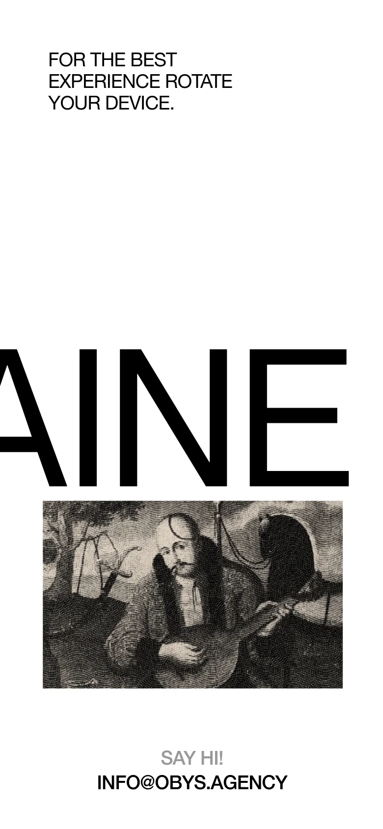 The mobile view is vertically oriented, displaying a large, cropped black-and-white illustration of a man with a musical instrument. Large, bold black text dominates the screen, and the layout includes a prompt to rotate the device for the best experience.