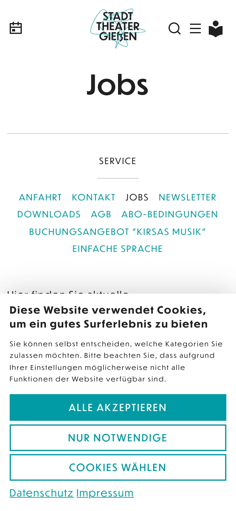 The mobile version maintains the minimalist white aesthetic but uses a condensed layout. The header features a hamburger menu and search icon, while the 'Jobs' headline and service links are stacked vertically to fit the narrower screen width.