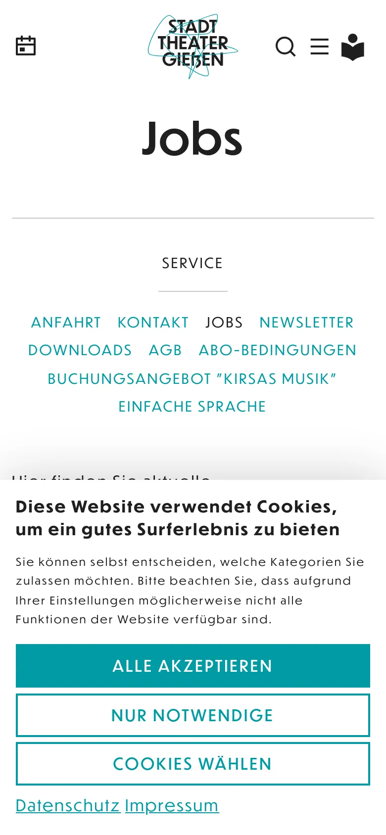 The mobile version maintains the minimalist white aesthetic but uses a condensed layout. The header features a hamburger menu and search icon, while the 'Jobs' headline and service links are stacked vertically to fit the narrower screen width.