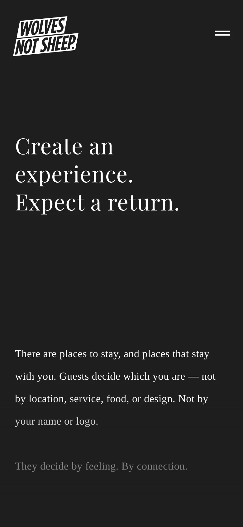 The mobile version maintains the dark aesthetic and white serif text but uses a stacked layout. The logo is positioned at the top left, a hamburger menu icon is at the top right, and the hero headline is centered and broken into multiple lines for readability.
