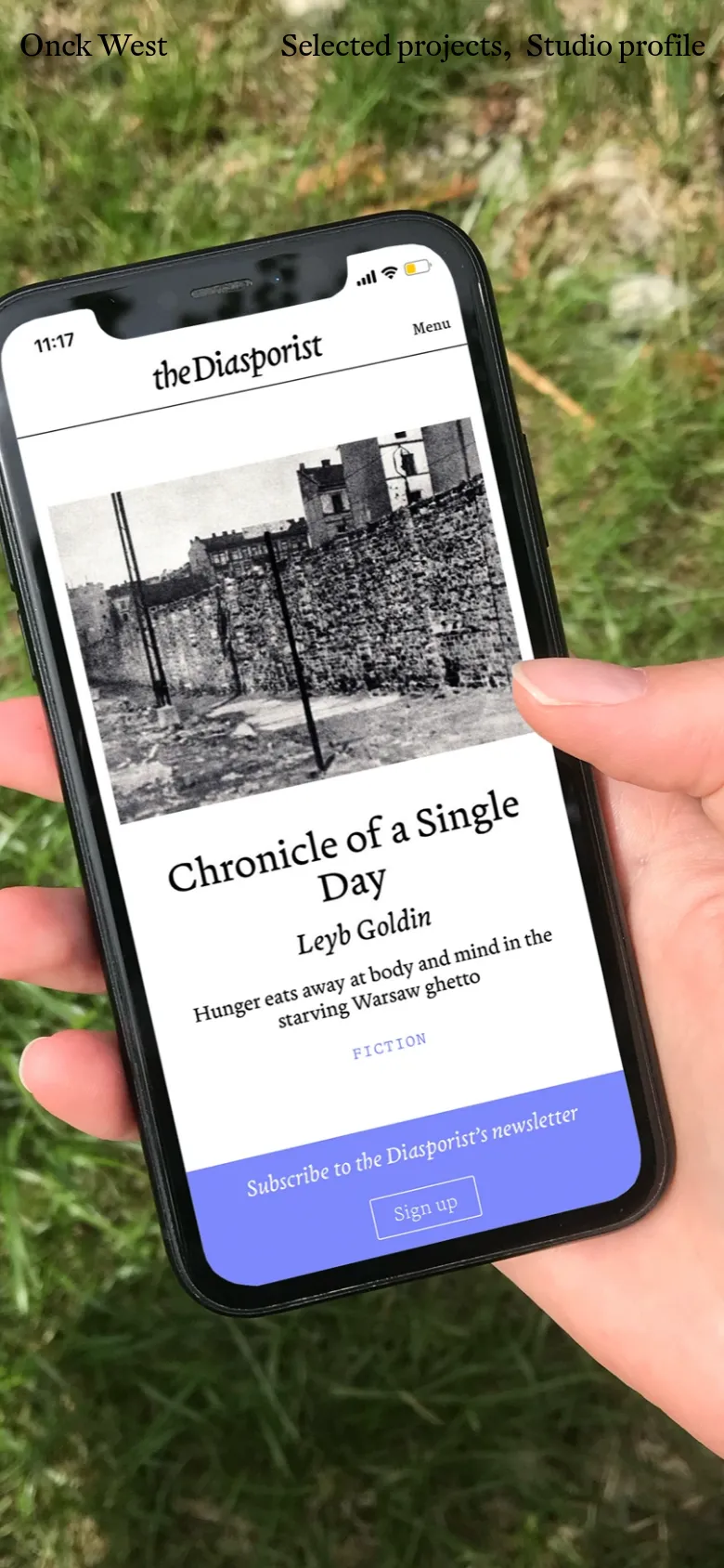 The mobile version presents a single-column vertical layout of the project portfolio. The project images and text are scaled to fit the narrow screen, and the top navigation menu is condensed into a 'Menu' button. The overall minimalist aesthetic and white background are maintained from the desktop version.
