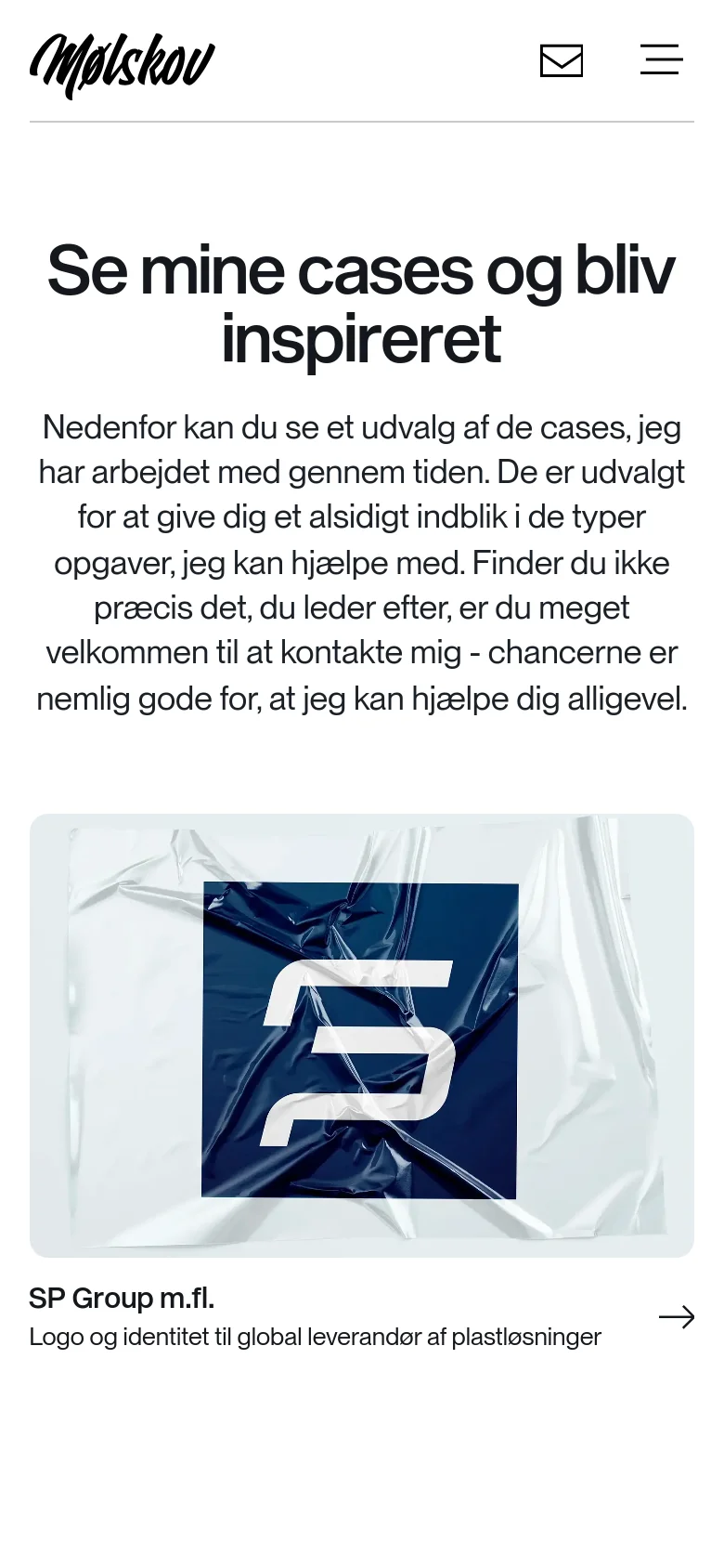 The mobile version presents a single-column vertical layout optimized for smaller screens. The headline and introductory text are centered at the top, followed by large, full-width project cards that stack vertically. The header is simplified, showing only the Mølskov logo, an email icon, and a hamburger menu icon.
