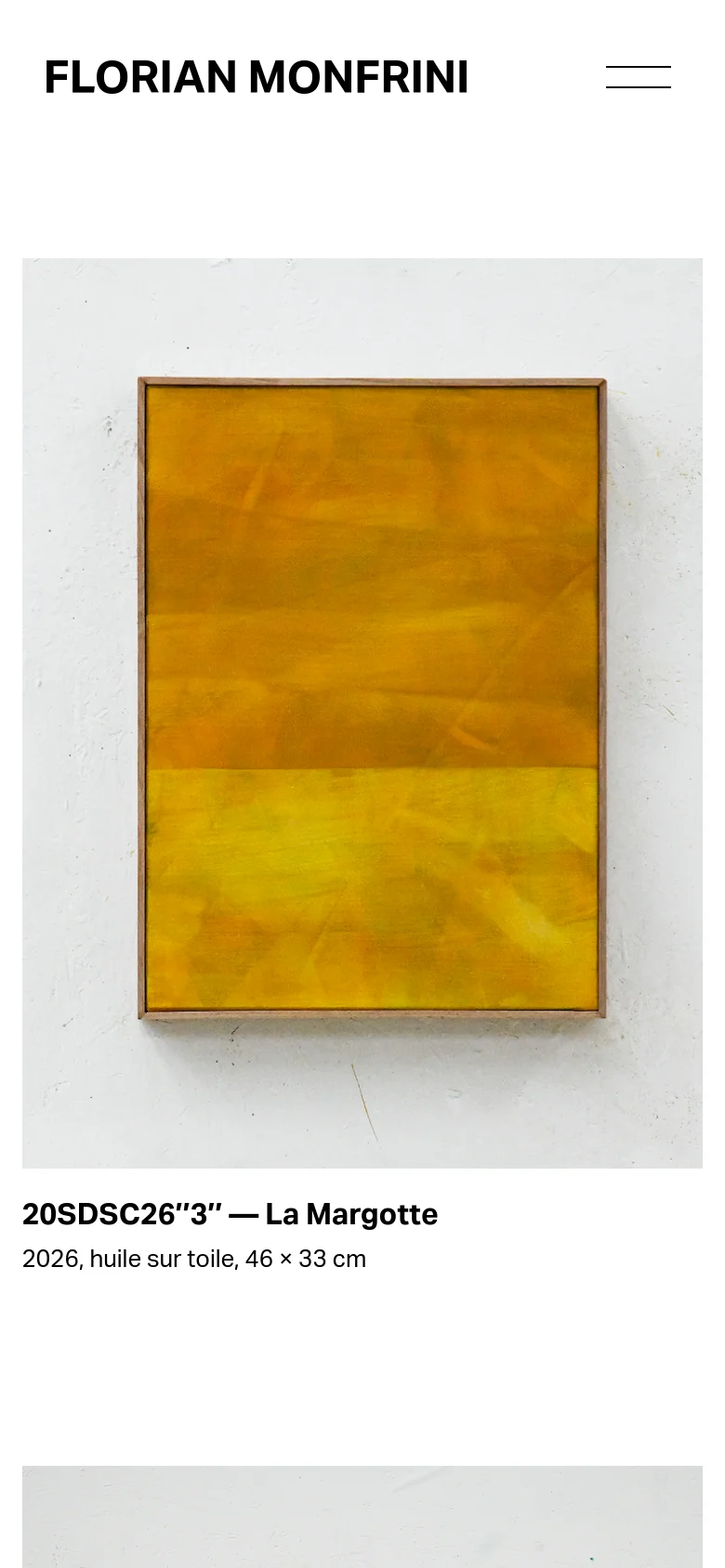 The mobile version presents a simplified single-column layout with the artist's name at the top and a hamburger menu icon. The abstract paintings are stacked vertically, each appearing large and centered with its descriptive text directly underneath.