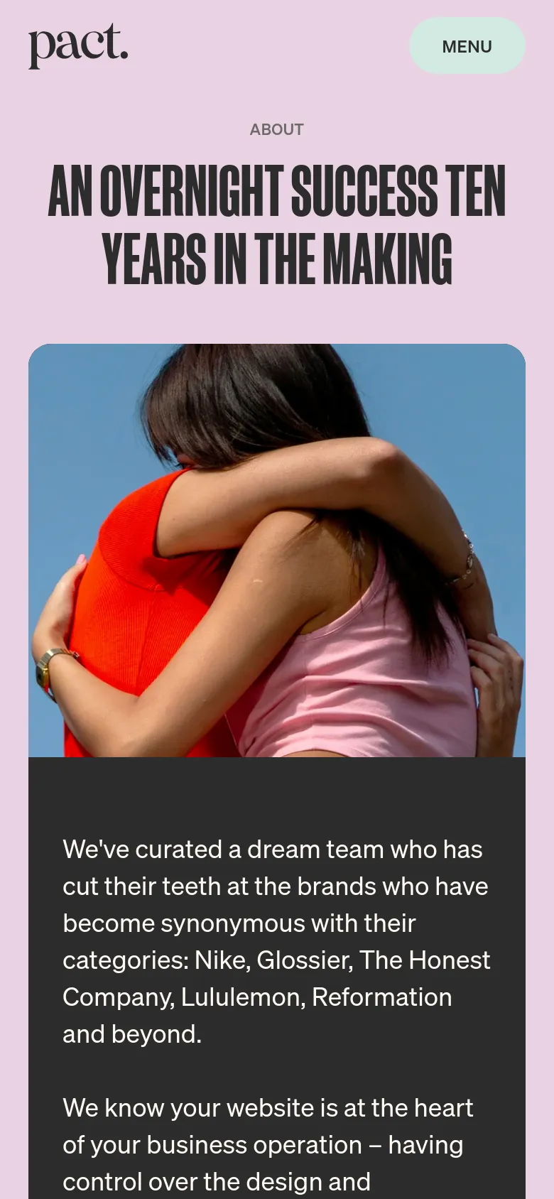 The mobile version maintains the light pink background and bold typography but uses a single-column vertical layout. The hero image and text are stacked vertically, and the team member headshots transition from a multi-column grid to a single-column list for easier scrolling.