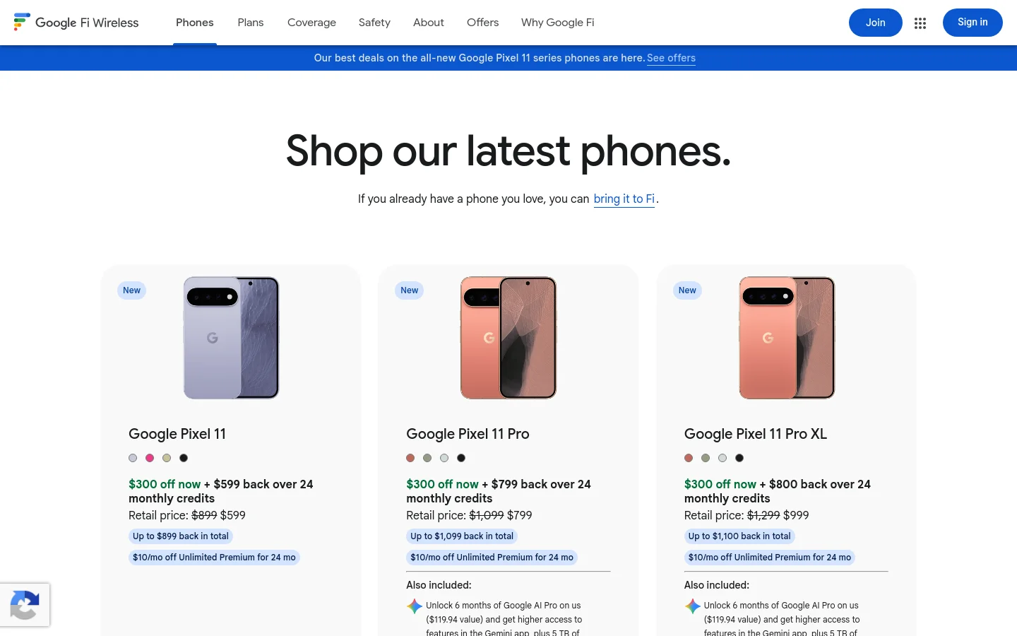 The desktop page features a clean white background with a large headline reading 'Shop our latest phones.' Below, three Google Pixel 11 series smartphones are displayed in vertical cards, each showing the device image, color options, promotional pricing, and specific plan offers. A blue banner at the top promotes deals on the new Pixel 11 series.