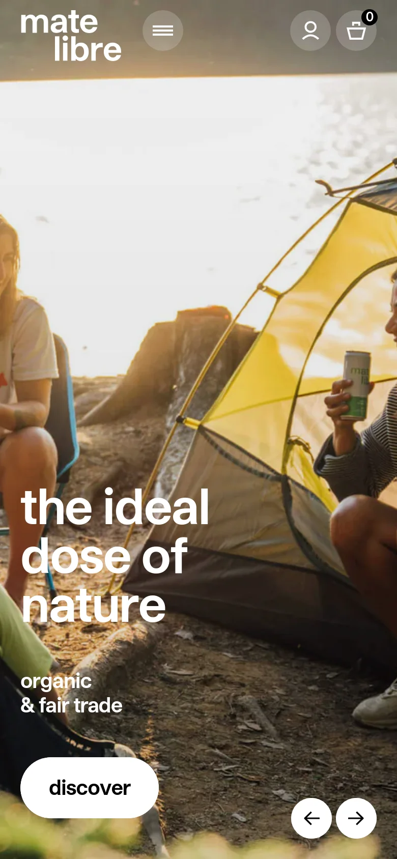 The mobile version features a condensed header with a hamburger menu, a profile icon, and a shopping bag icon. The hero image of people camping is vertically oriented to fill the screen, with the primary headline and 'discover' call-to-action button centered over the bottom half of the image. Navigation arrows for a carousel are positioned at the bottom right.