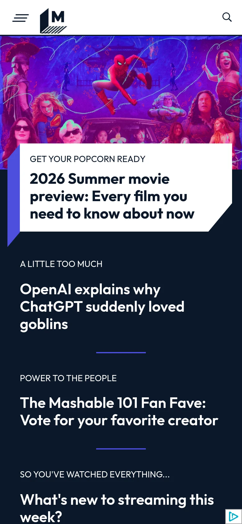 The mobile version presents a vertically stacked layout, starting with a large cinematic hero image and the primary movie preview headline. The news stories follow in a single-column format, making the headlines and text larger for readability on a small screen. The top navigation is condensed into a hamburger menu icon next to the Mashable logo.
