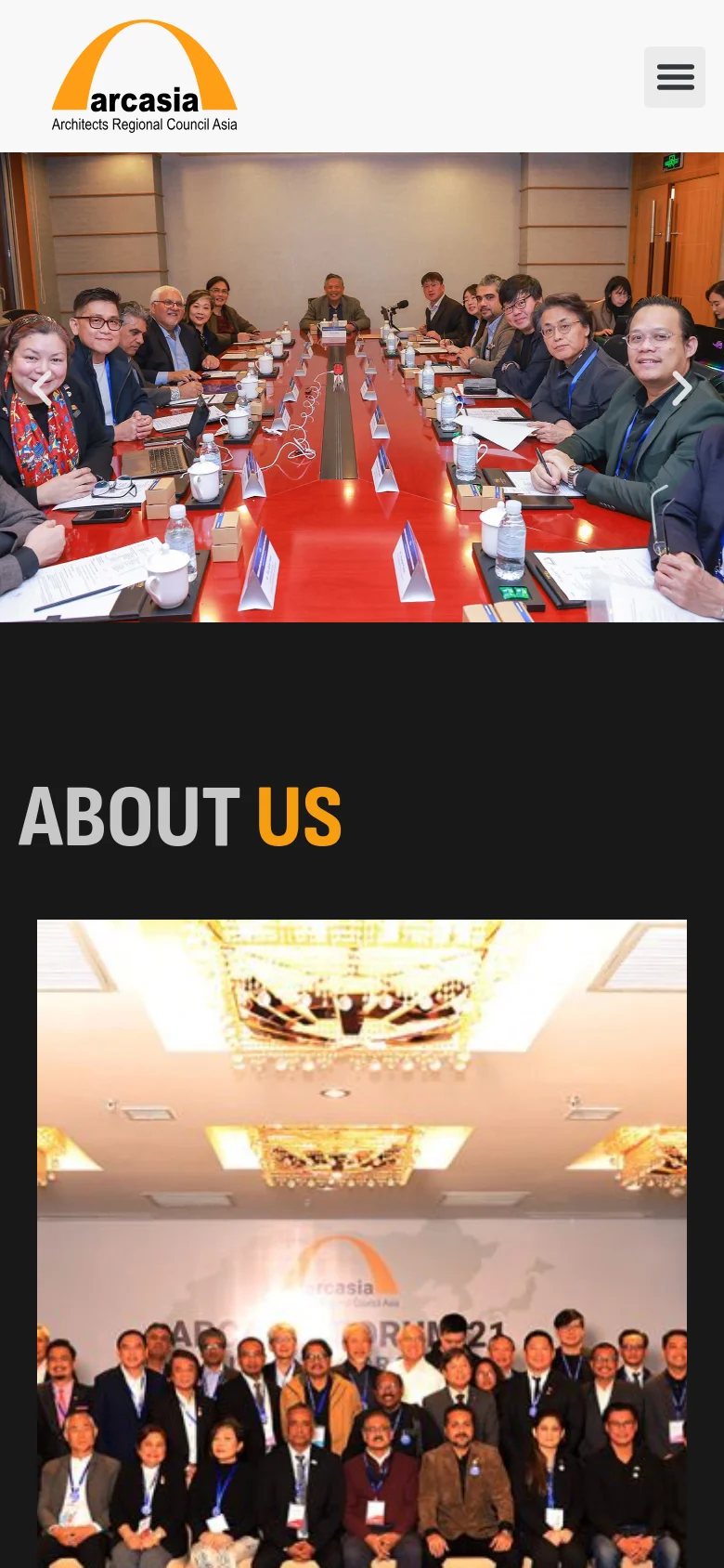 The mobile version features a simplified header with the ARCASIA logo centered and a hamburger menu icon on the right. The hero image of the professionals at the red conference table spans the full width of the screen, and the content below is stacked vertically for easier scrolling.