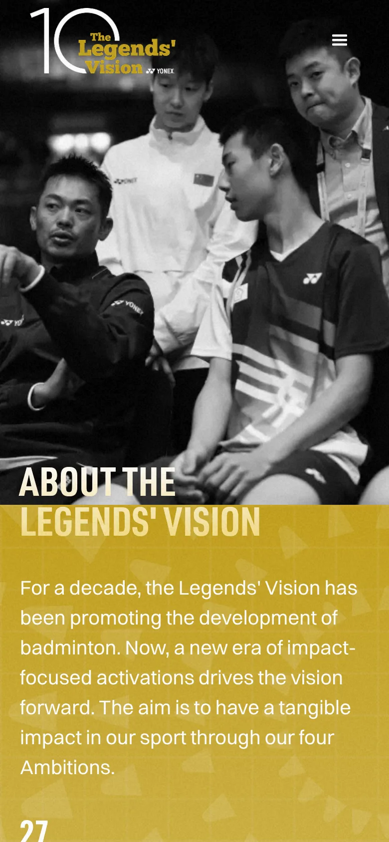 The mobile version presents a vertically stacked layout starting with a condensed hero section featuring the black and white image and a hamburger menu icon. The text 'ABOUT THE LEGENDS' VISION' is prominently displayed over a gold geometric background, followed by a single-column flow of text and statistics for easier scrolling.