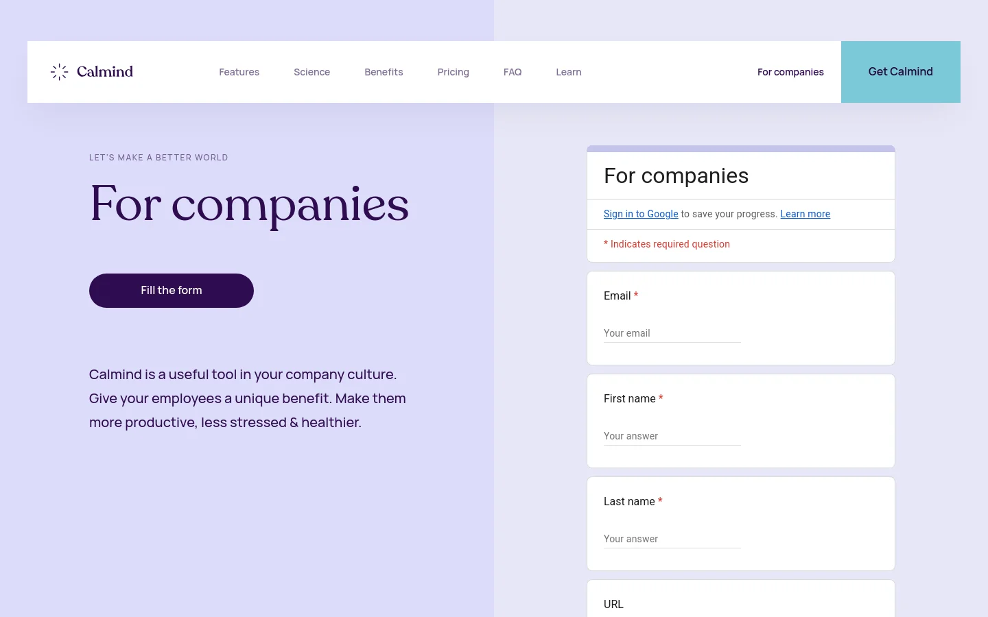 The desktop page features a clean, minimalist design with a light lavender background. A large headline reads 'For companies' next to a dark purple 'Fill the form' button, followed by descriptive text about employee benefits. To the right, a white contact form is displayed with fields for email, first name, and last name.