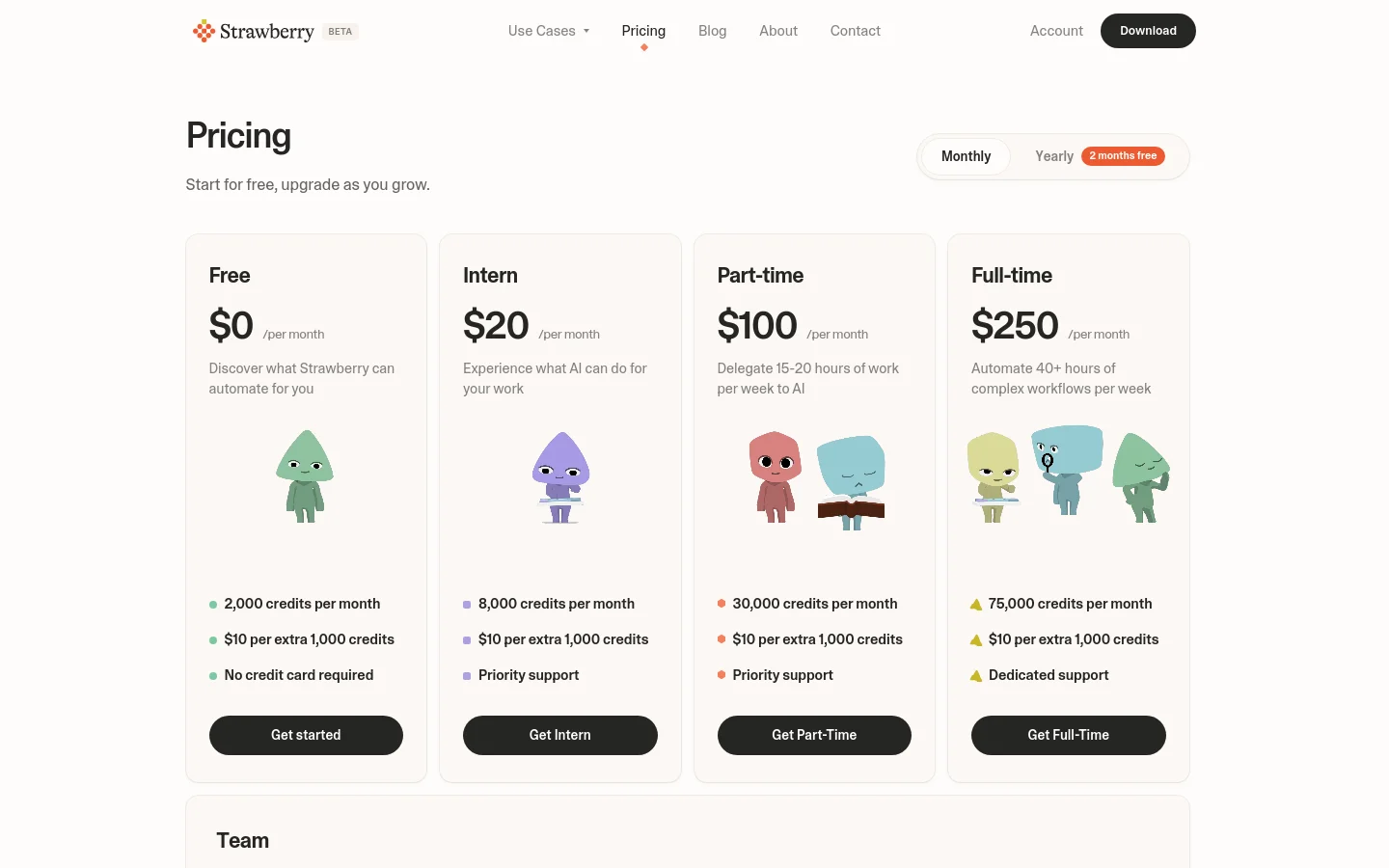 The pricing page features a clean white layout with a header containing navigation links and a dark 'Download' button. Four pricing cards (Free, Intern, Part-time, and Full-time) are arranged horizontally, each displaying a price, a cute character illustration, feature bullet points, and a dark call-to-action button. A toggle at the top allows users to switch between Monthly and Yearly billing.