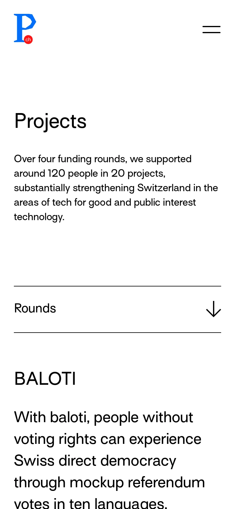 The mobile version maintains the minimalist white and black theme but uses a simplified vertical layout. The navigation menu is collapsed into a hamburger icon, and the 'Projects' headline and text are centered or left-aligned for narrow screens, with project sections stacking vertically.