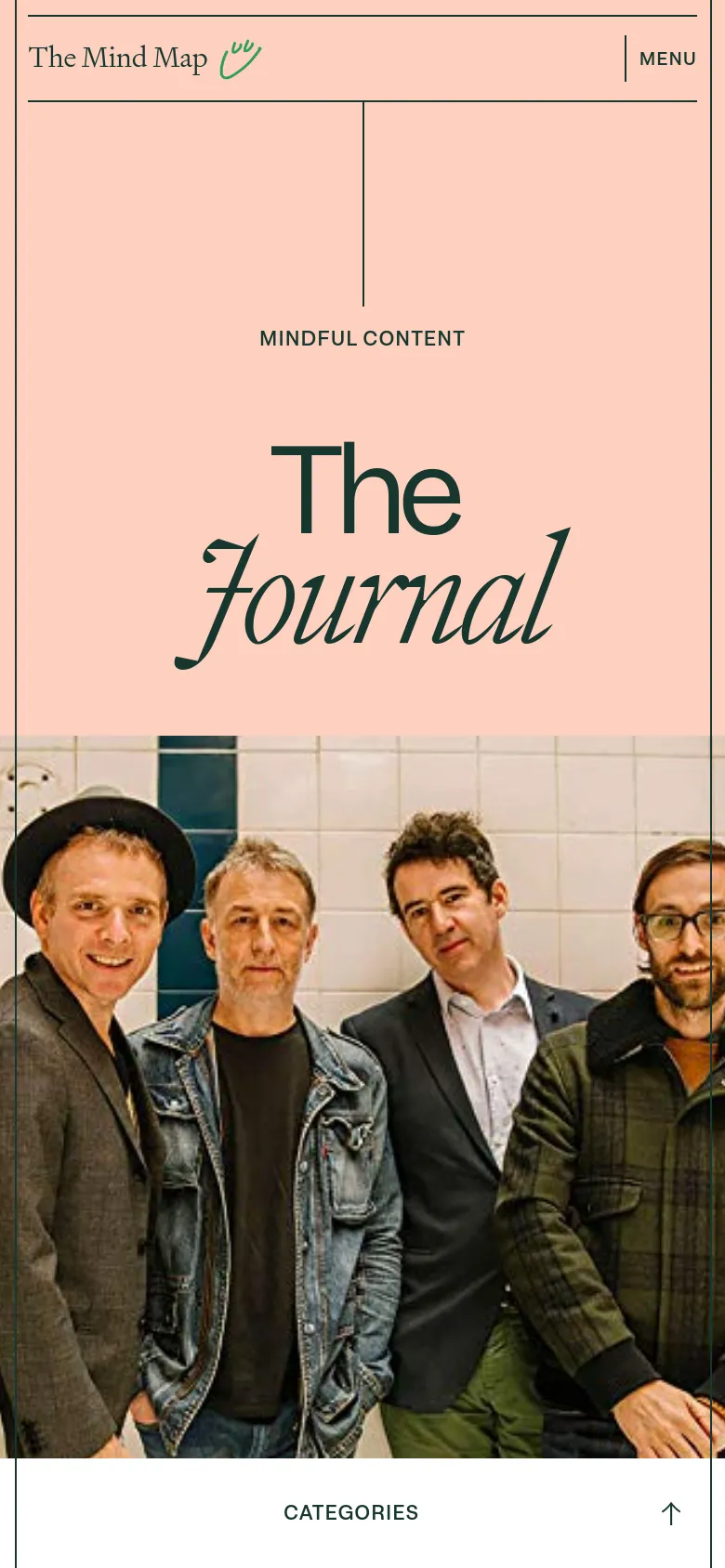 The mobile version presents a vertically stacked layout on a peach background, centered around the large 'The Journal' title. The hero image of five people is positioned at the bottom of the viewport, and the navigation menu is condensed into a 'MENU' button at the top right. A 'CATEGORIES' bar with an upward arrow is fixed to the bottom of the screen.