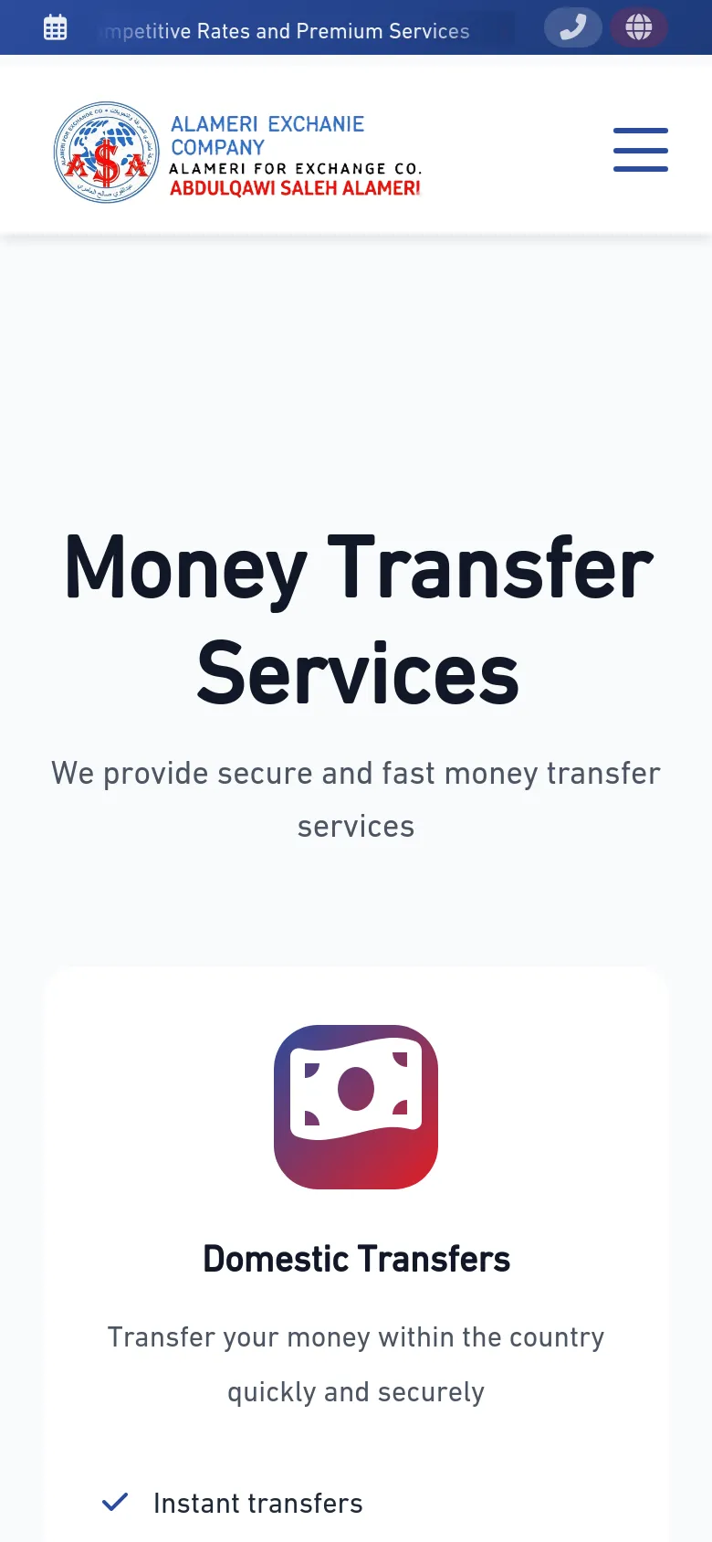 The mobile version simplifies the layout with a condensed header containing the company logo, a hamburger menu icon, and a phone icon. The content is stacked vertically, starting with a large 'Money Transfer Services' headline and a single prominent card for Domestic Transfers featuring a pink banknote icon.