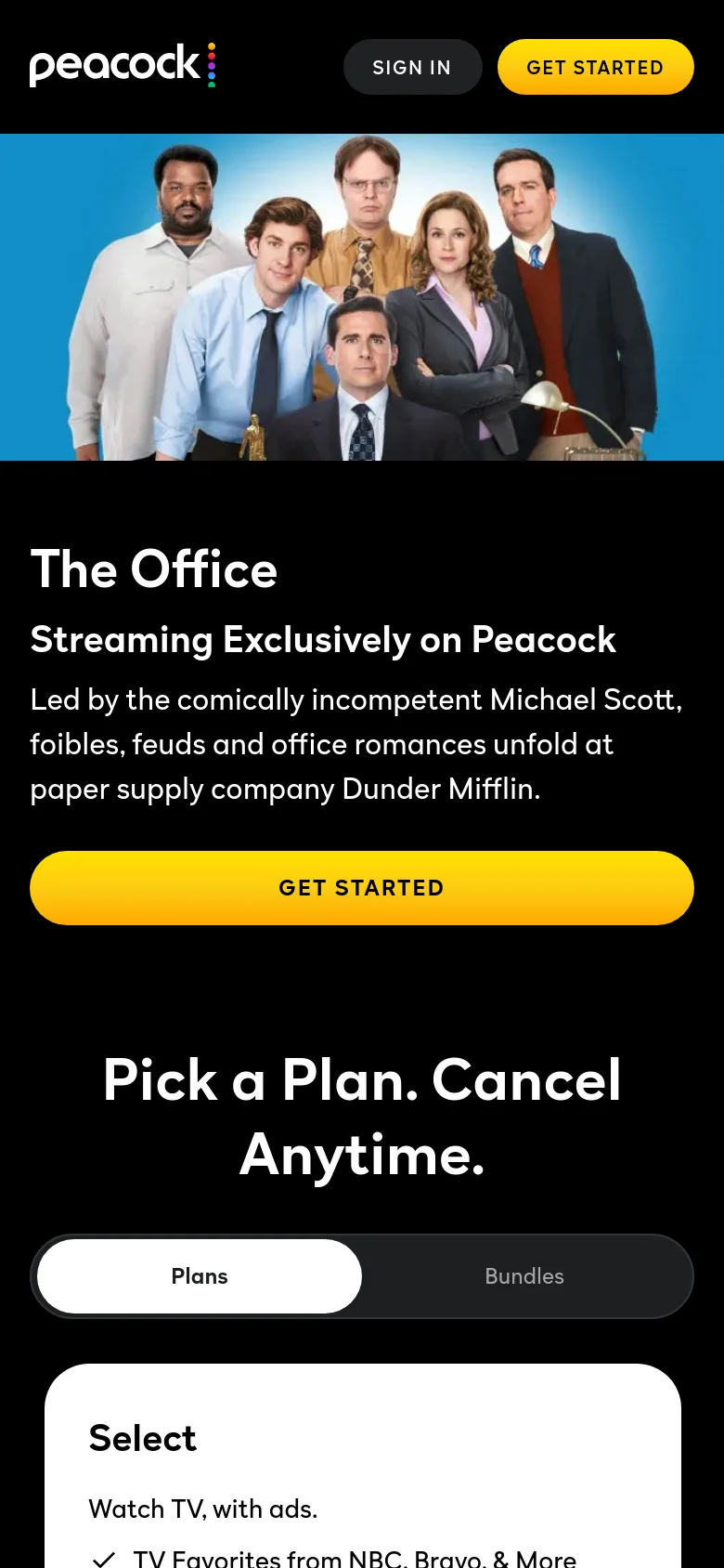 Mobile version of the Peacock homepage with a stacked layout. The cast image is at the top, followed by the 'The Office' headline, description, and a large yellow 'GET STARTED' button. Below this, a section titled 'Pick a Plan. Cancel Anytime.' features a toggle switch between 'Plans' and 'Bundles' options.