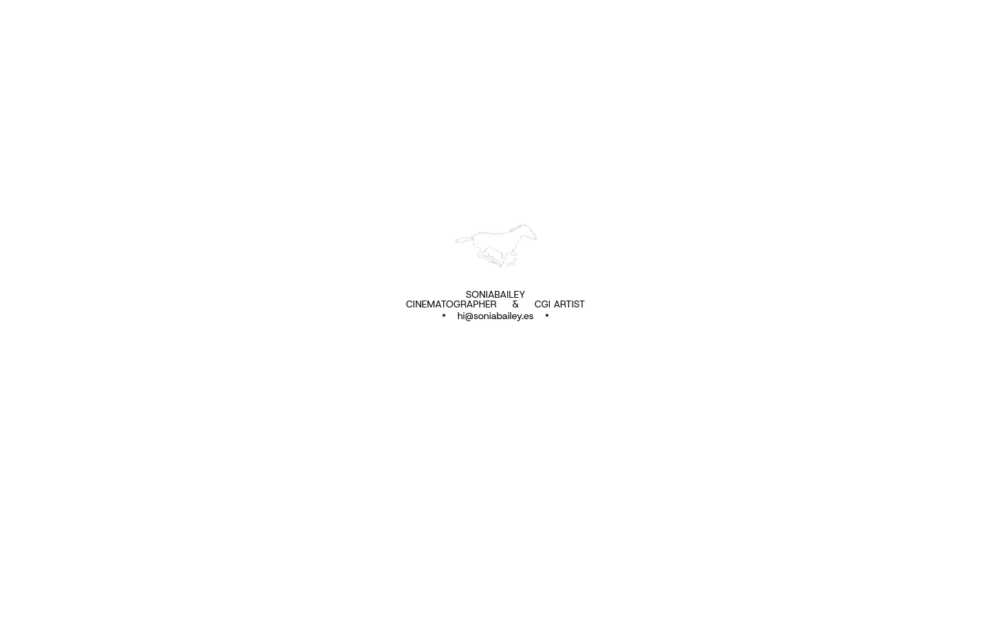 A minimalist white landing page featuring a central line-art illustration of a horse. Below the graphic, the text 'SONIA BAILEY' is displayed in large bold letters, followed by 'CINEMATOGRAPHER & CGI ARTIST' and an email address link.