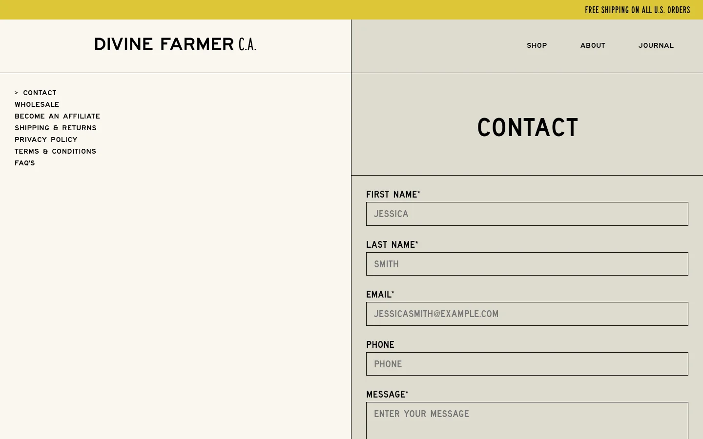 The desktop contact page features a minimalist design with a split layout: a light cream left sidebar containing navigation links and a larger light grey main section. The main section displays a large 'CONTACT' headline above a vertical contact form with fields for First Name, Last Name, Email, Phone, and Message, all set against a neutral background.